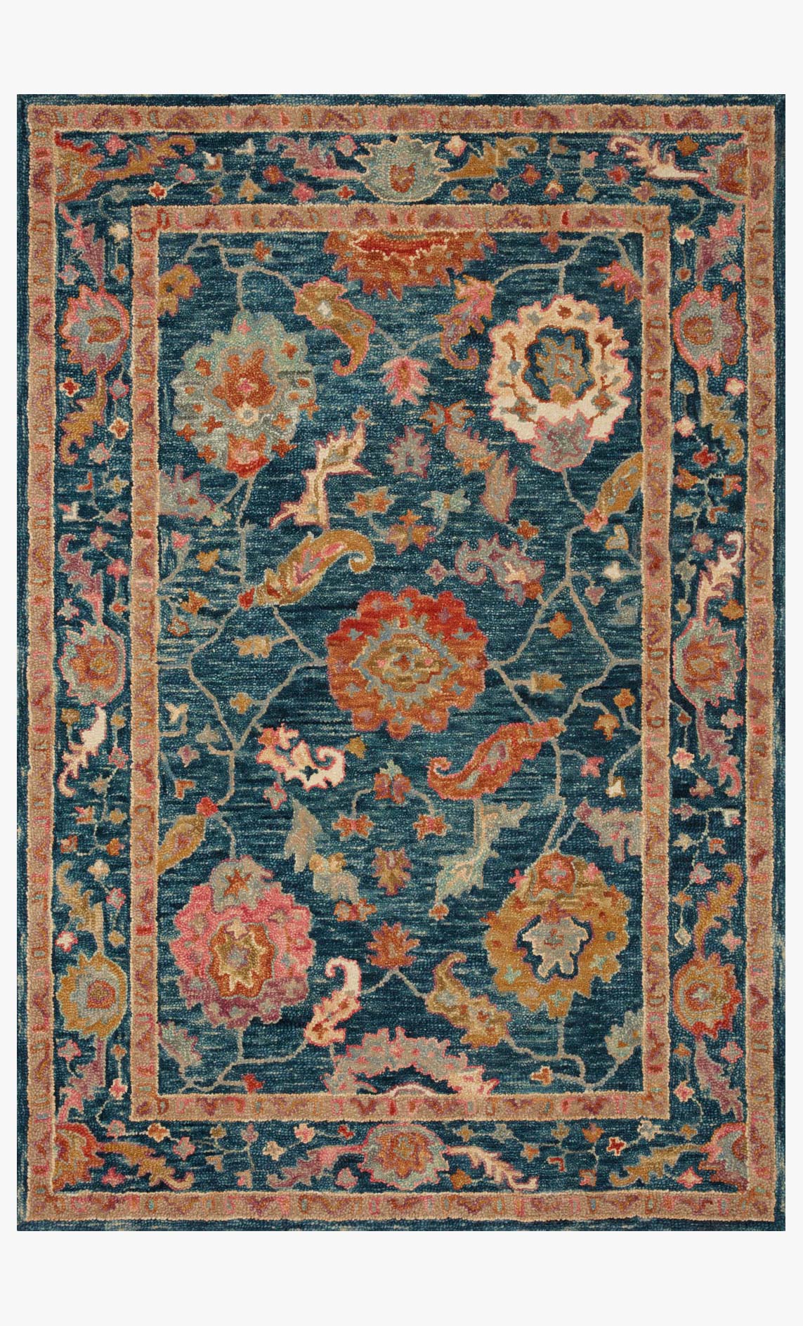 Transitional hooked rug in marine blue with ornate floral medallion border