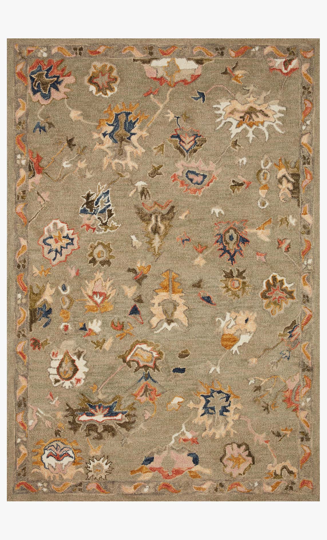 Grey hooked rug with colorful repeating medallion and floral pattern, rectangular