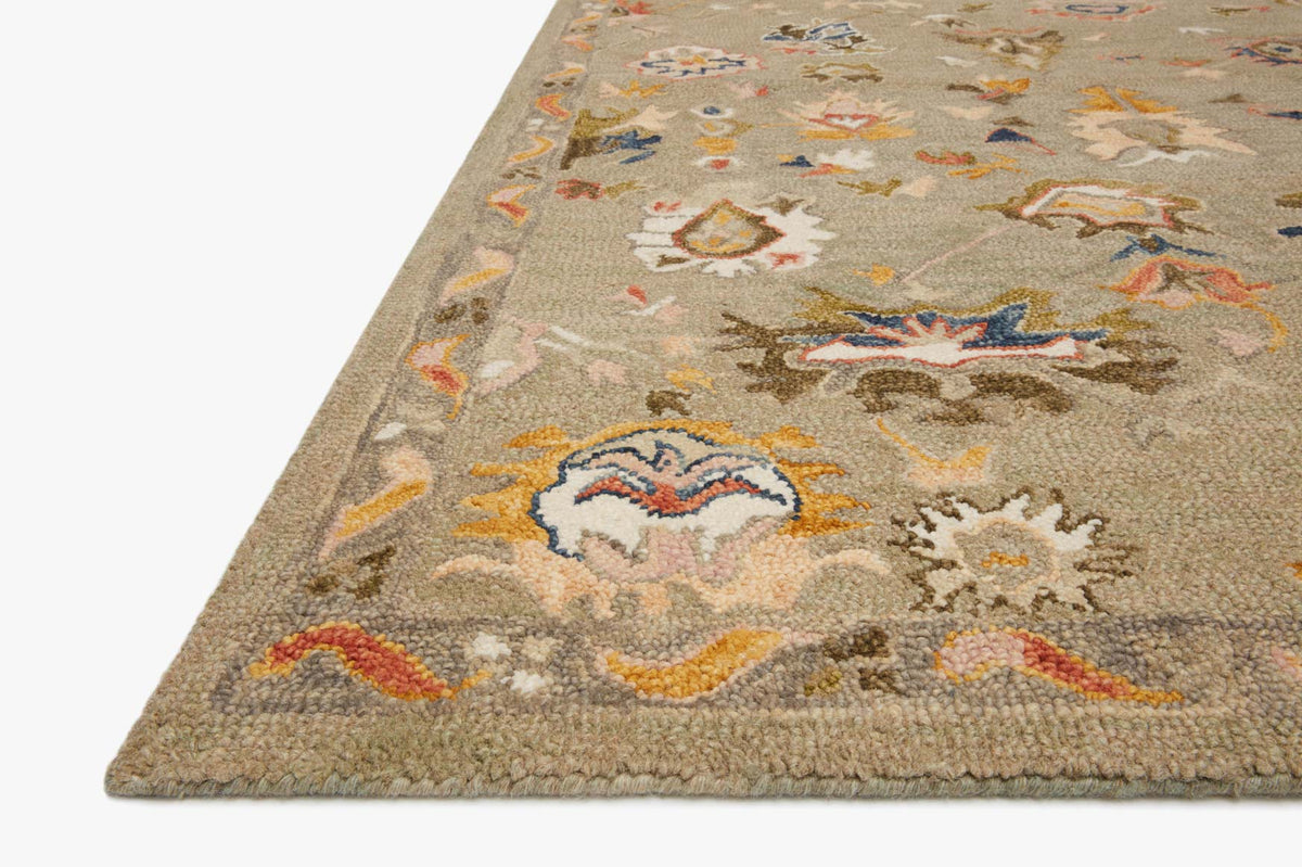 Grey rectangular hooked rug with corner medallion and scattered multicolor motifs