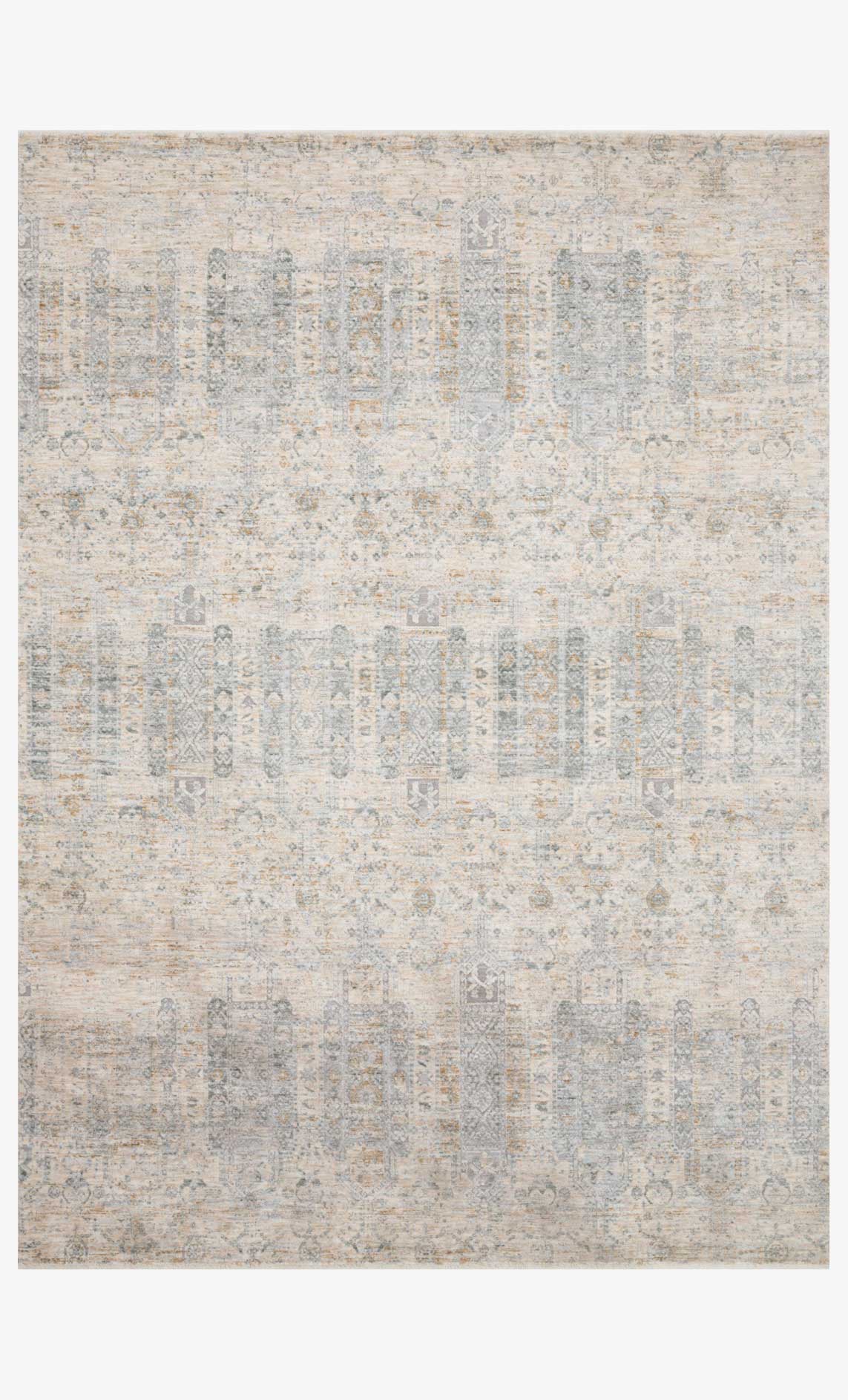 Ivory and mist traditional power-loomed rug with distressed geometric pattern, rectangular.