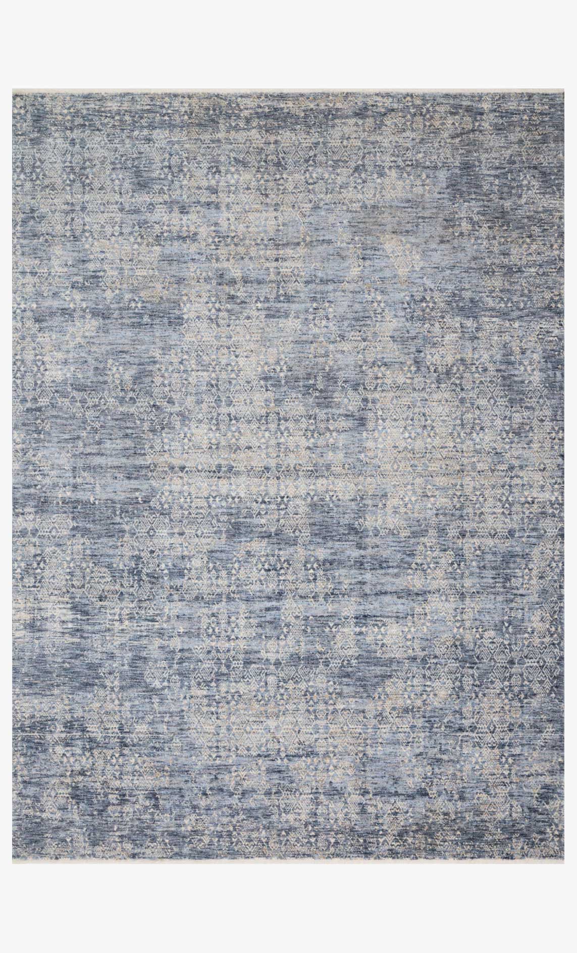 Traditional power-loomed area rug with distressed geometric pattern in dark blue and gray