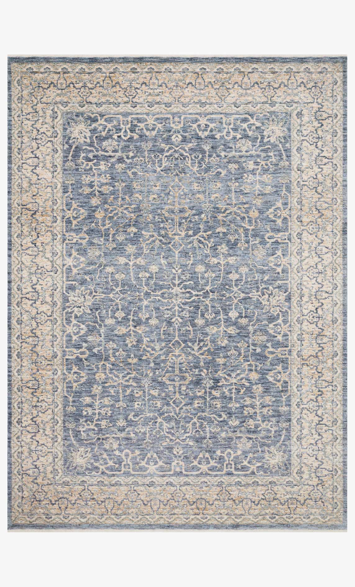 Traditional power-loomed rug with blue and ivory ornate medallion border pattern