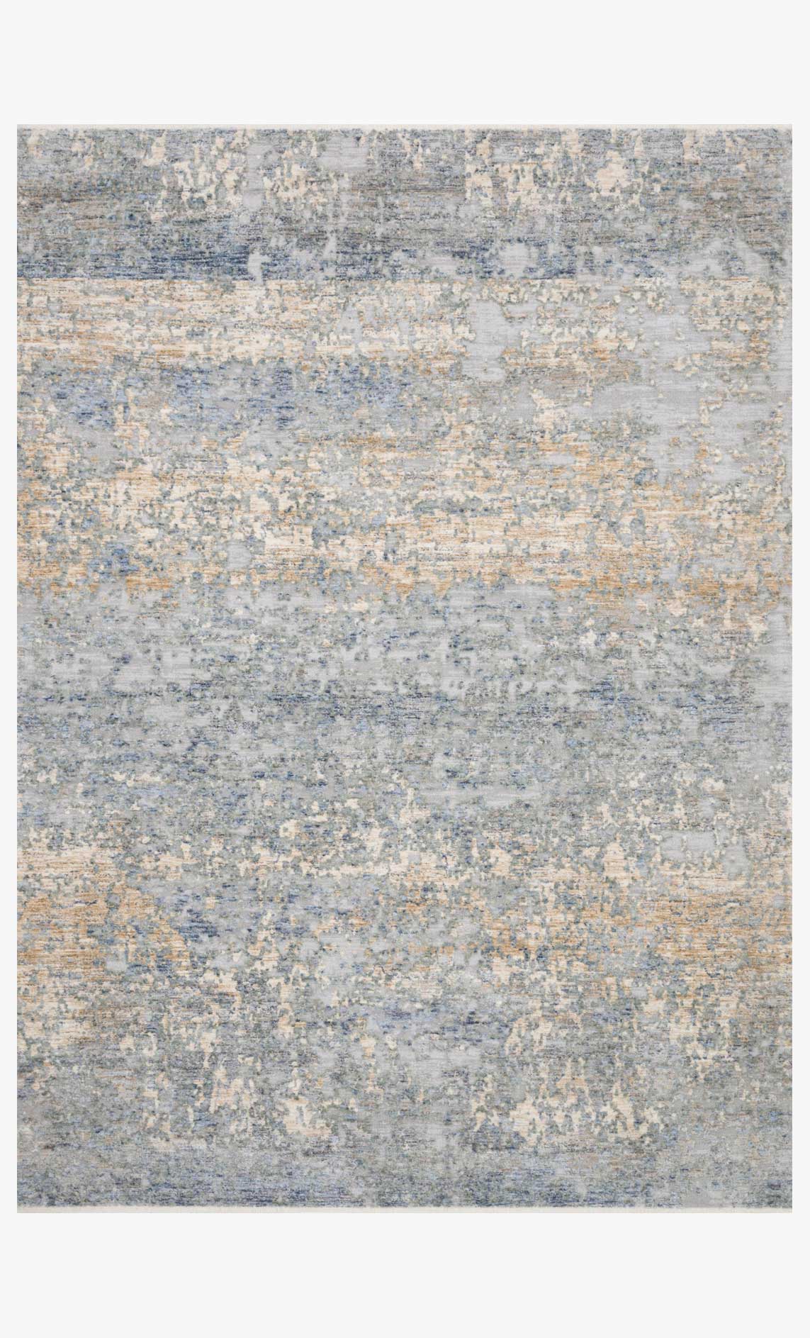 Traditional power-loomed rug with light blue and gold abstract distressed pattern