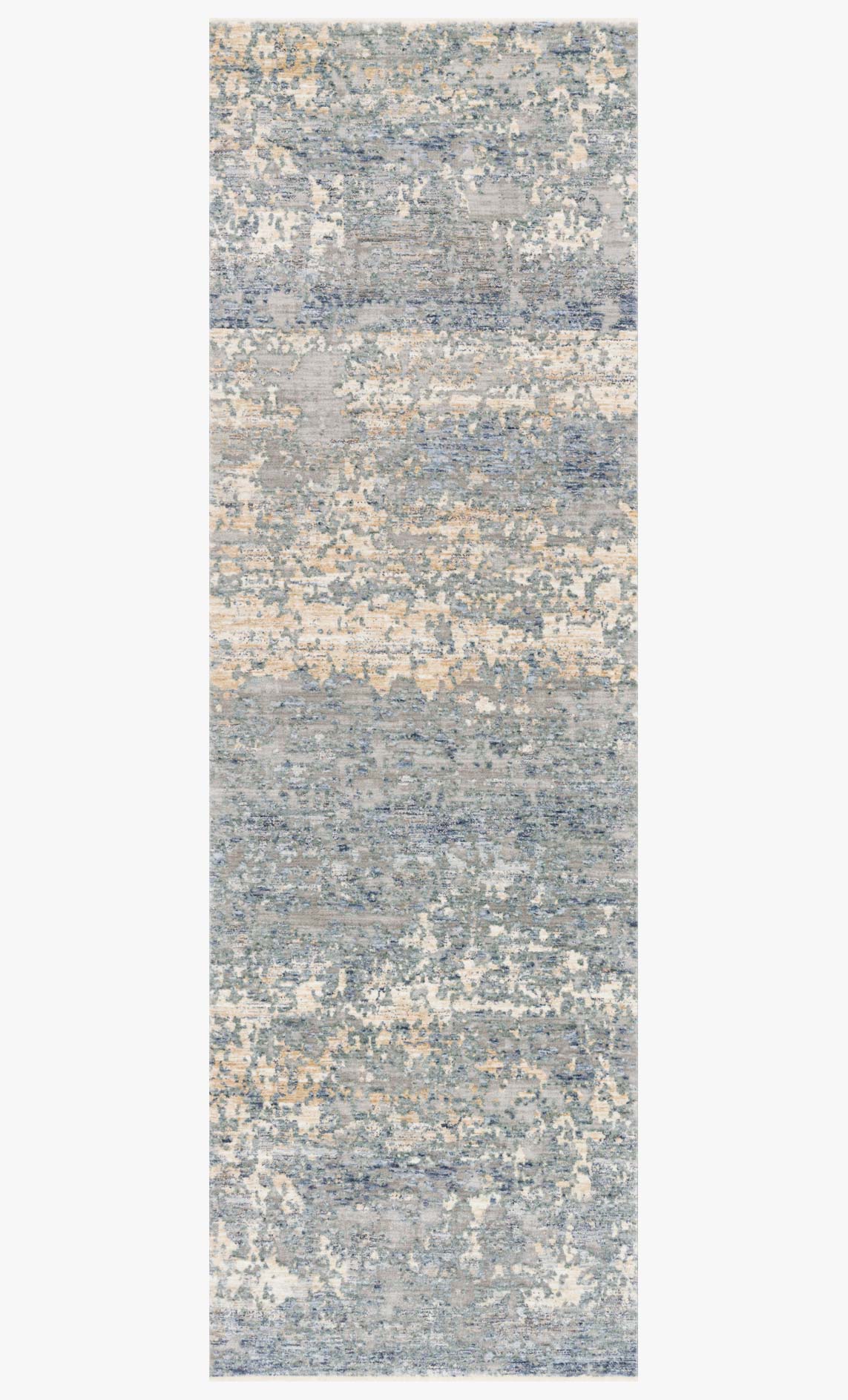 Narrow runner rug with blue and gold abstract distressed pattern