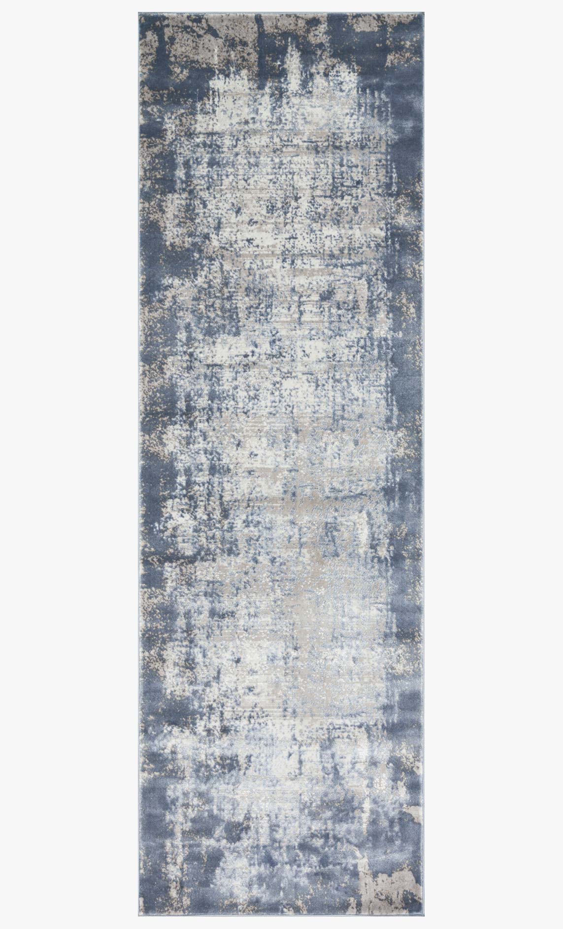 Transitional power-loomed runner rug in denim and grey with distressed abstract pattern