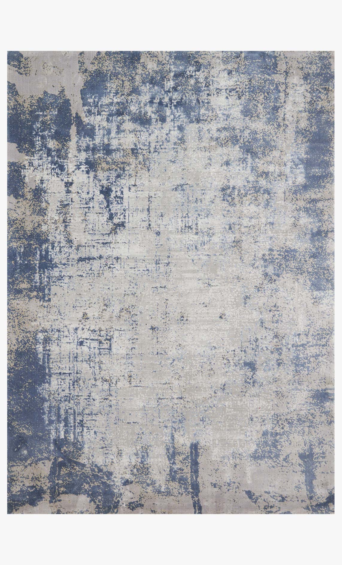 Transitional power-loomed rug in denim and grey with distressed abstract pattern, flat view