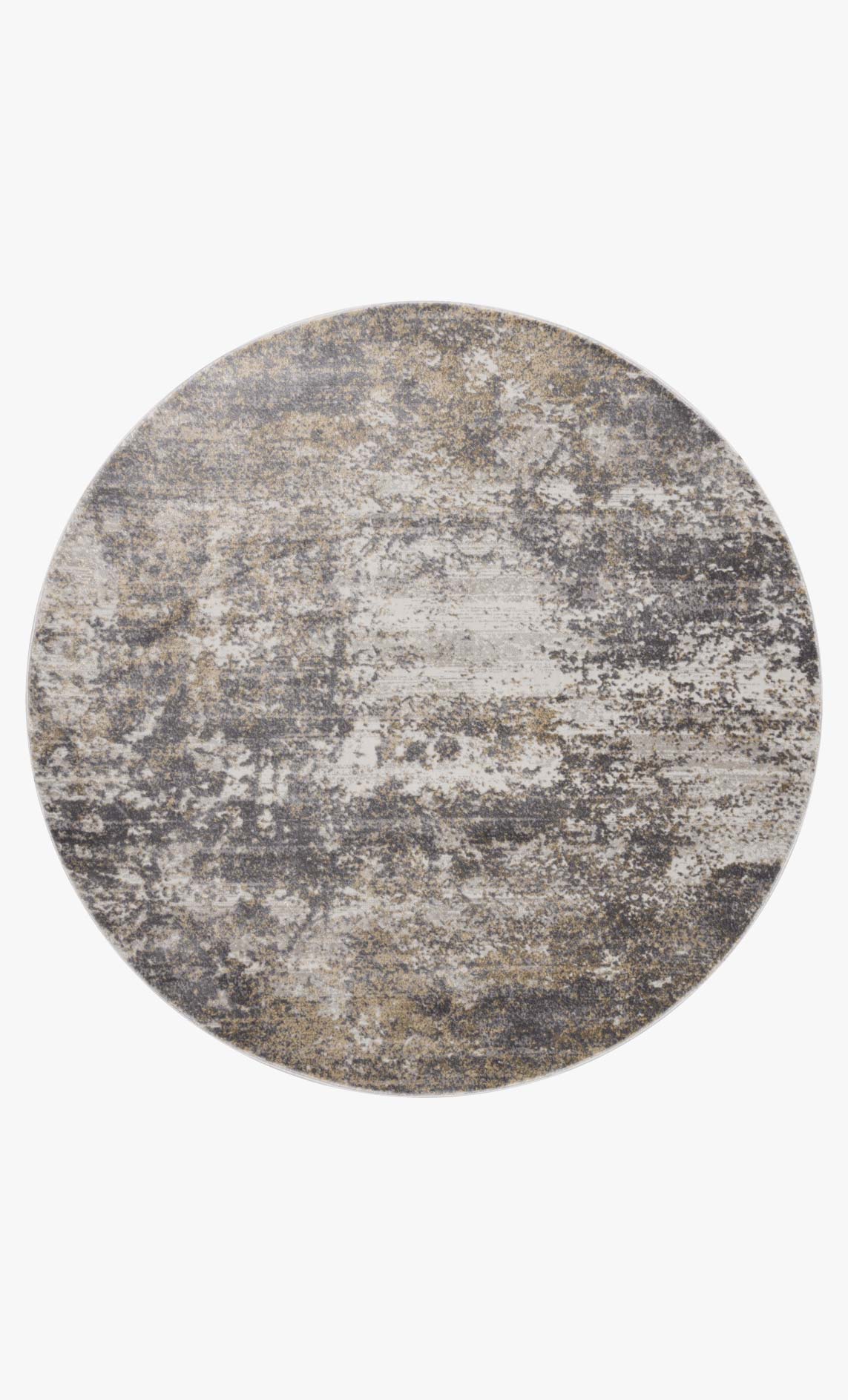 Round transitional power loomed rug with abstract gray and beige mottled pattern