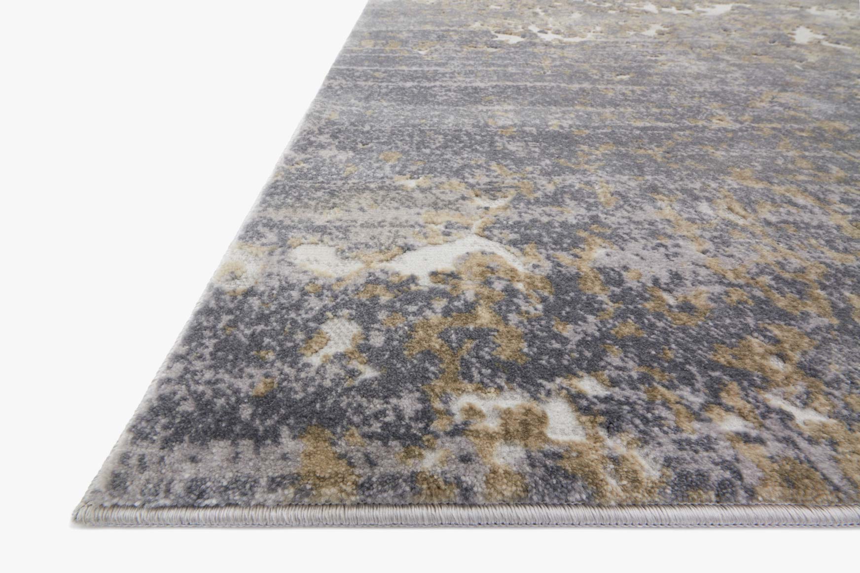 Corner view of transitional power loomed rug with abstract gray and beige distressed texture