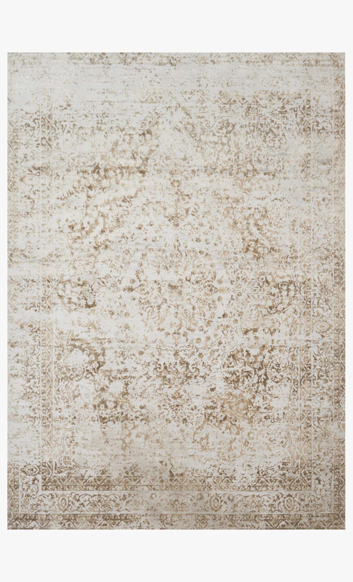 Champagne and light grey transitional power-loomed rug with ornate distressed pattern
