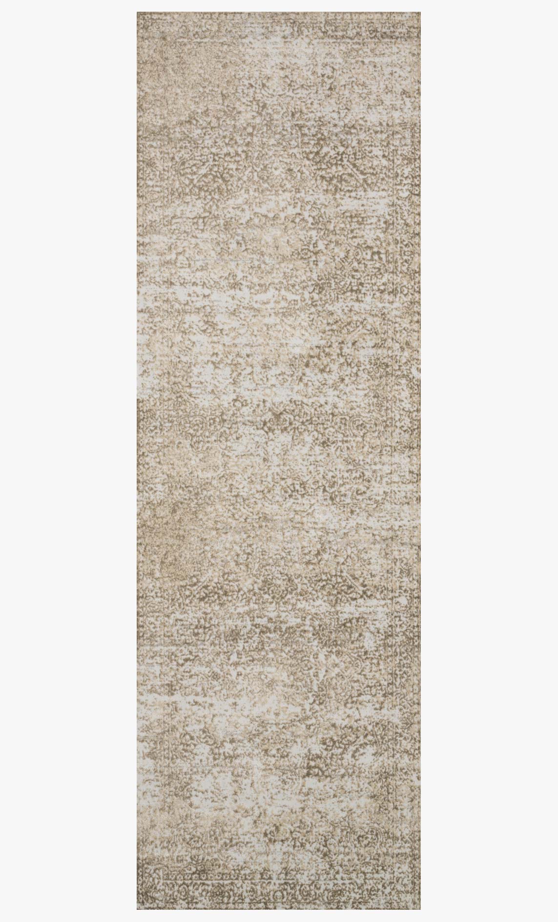 Tall rectangular power-loomed transitional rug, champagne and light gray distressed design