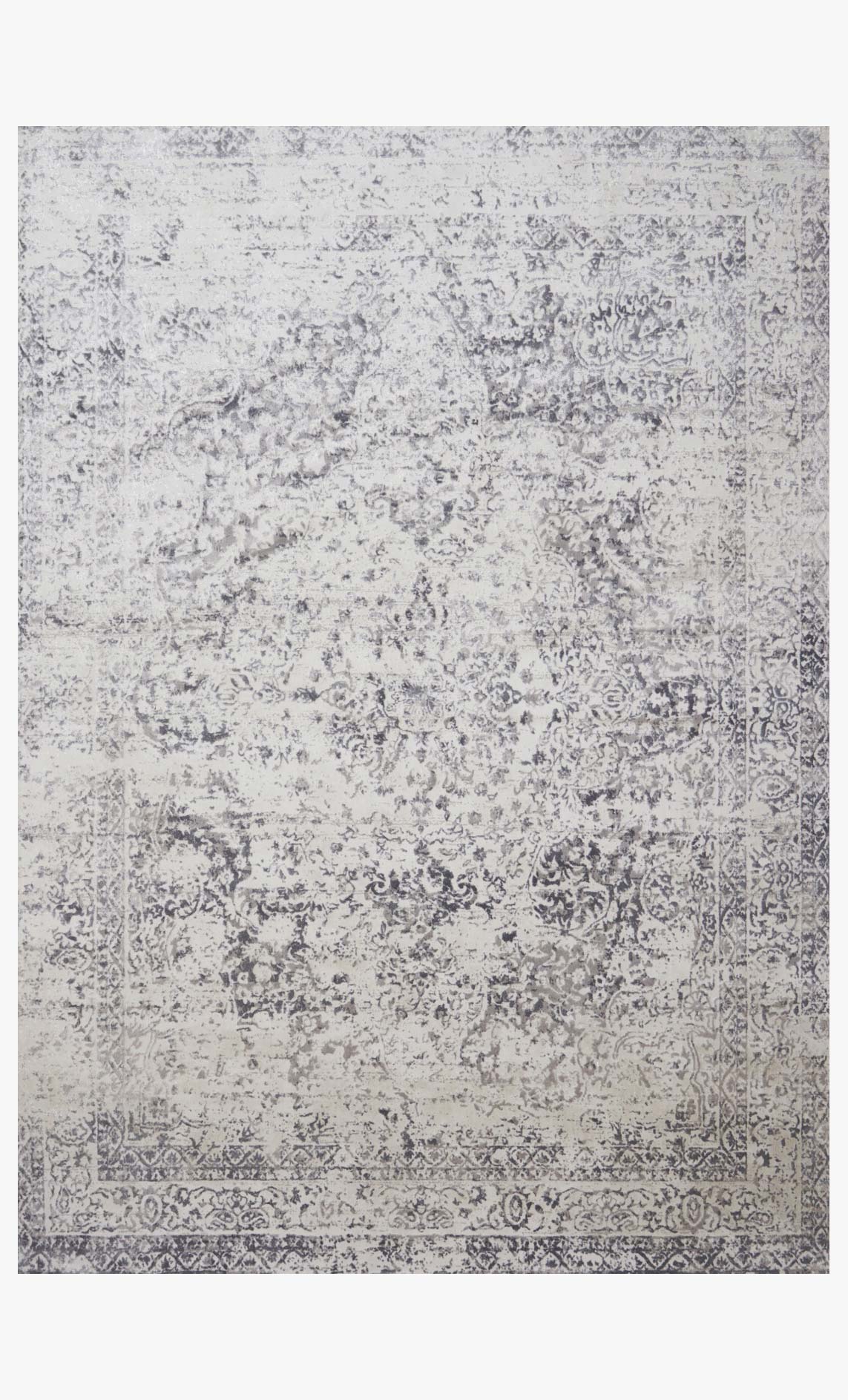 Transitional power-loomed rug in silver and light gray with distressed abstract pattern.