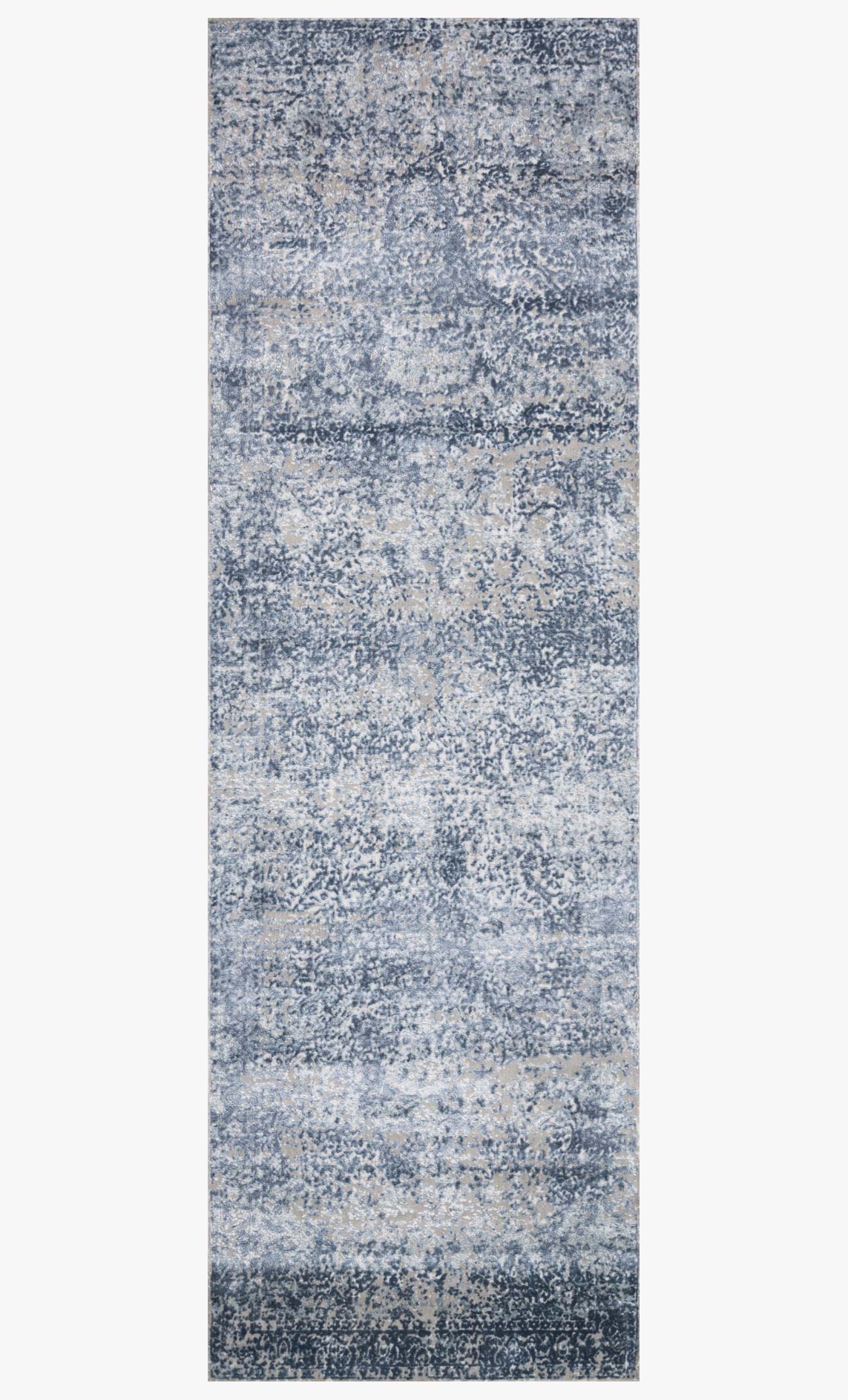 Blue and stone long runner-style rug with layered distressed abstract motif, flat weave