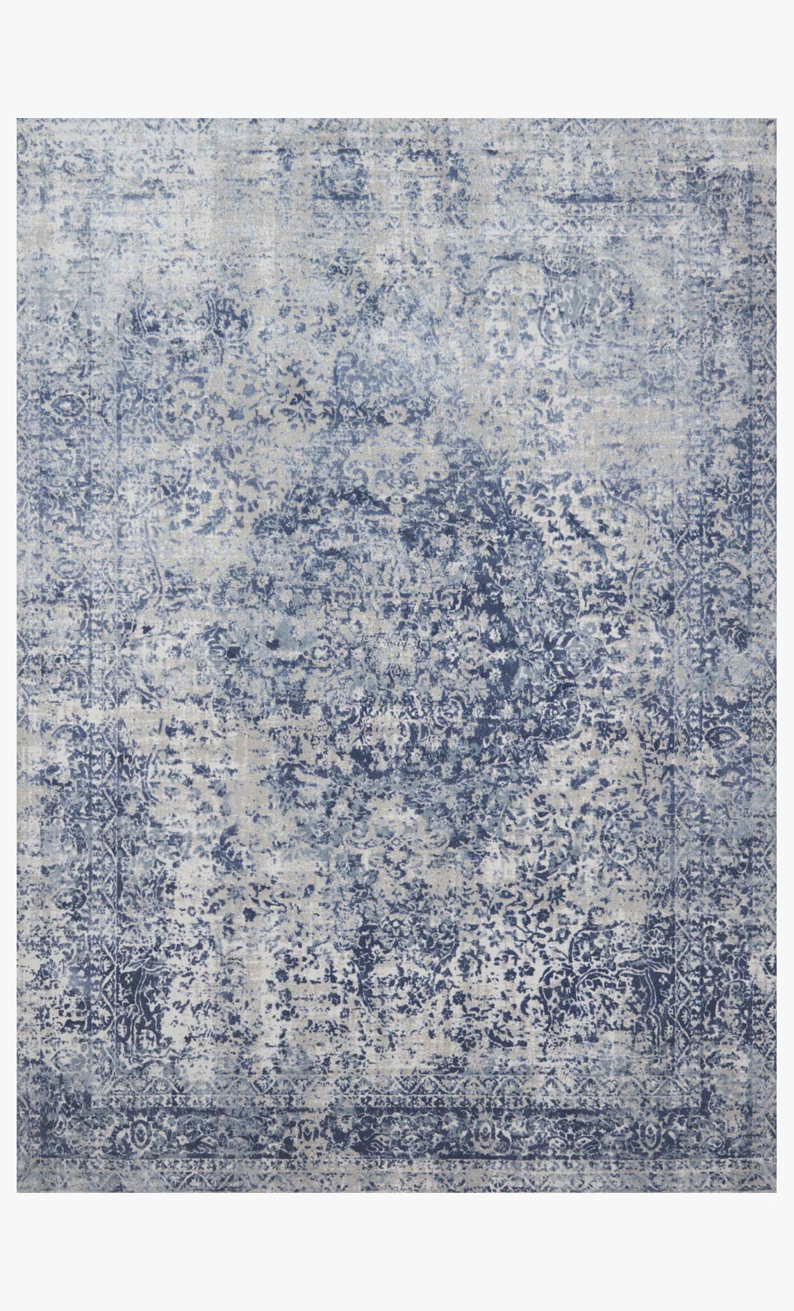 Blue and stone abstract power-loomed rug with distressed pattern, flat-woven texture