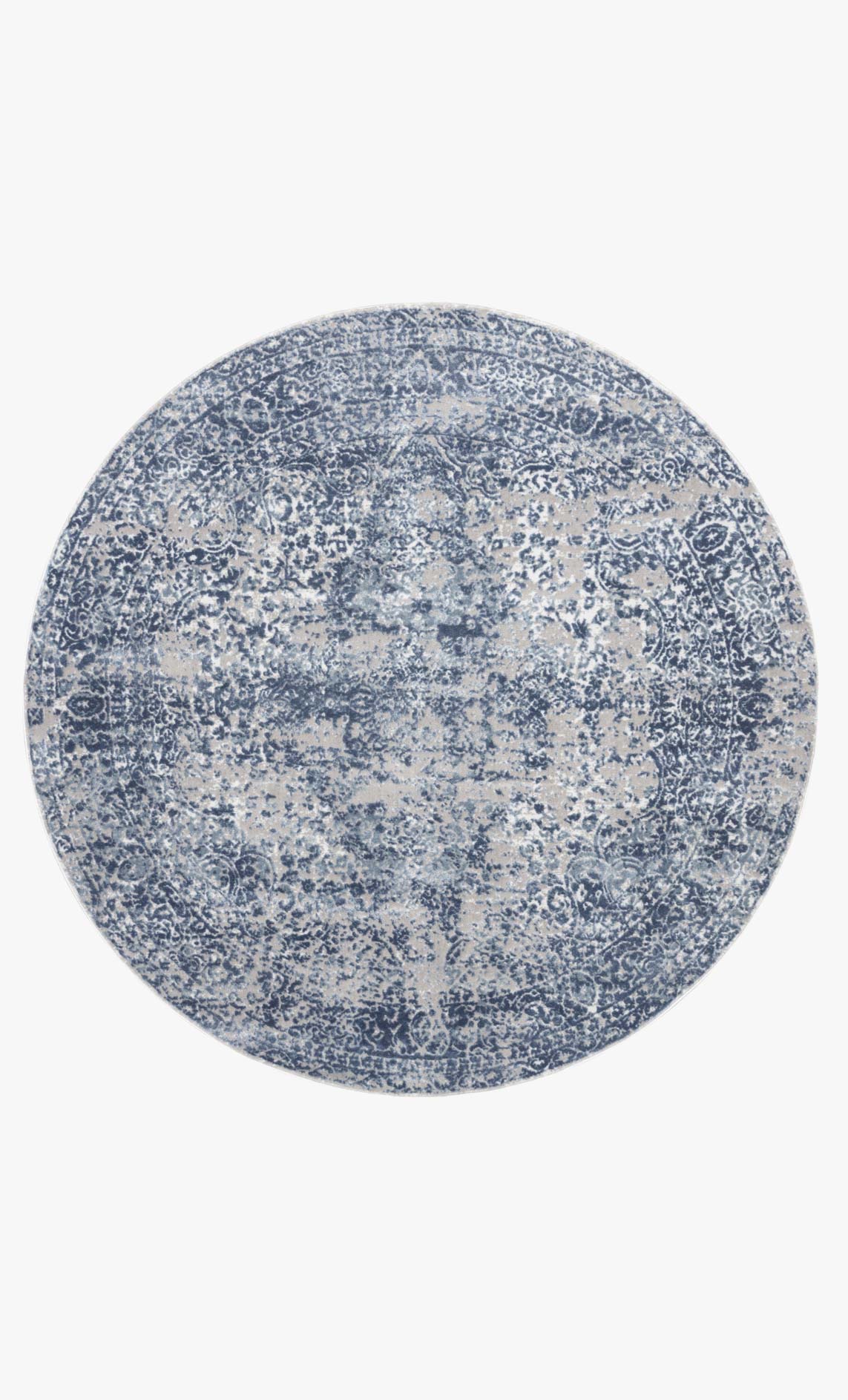 Round blue and stone rug with distressed abstract pattern, flat-woven design