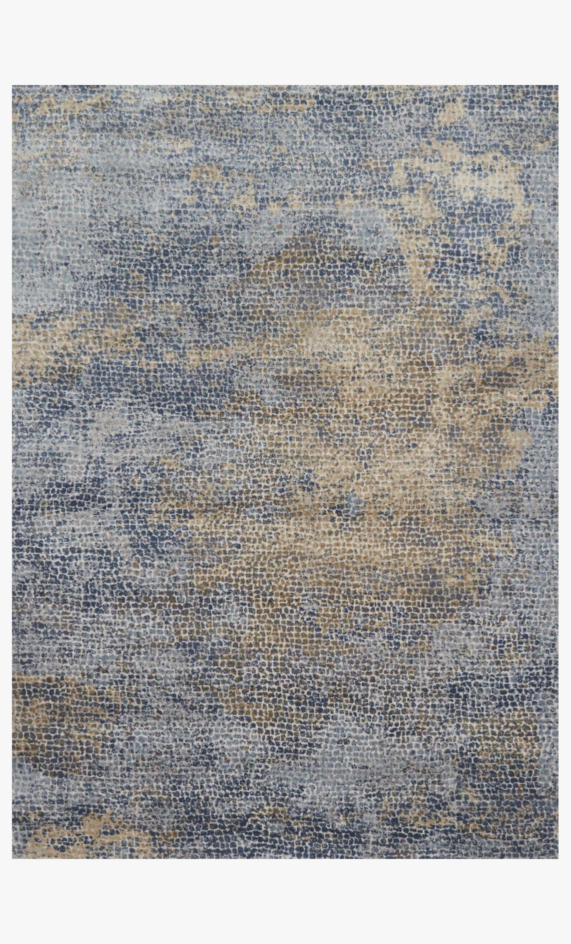 Transitional power-loomed rug with blue-gray and gold speckled abstract pattern