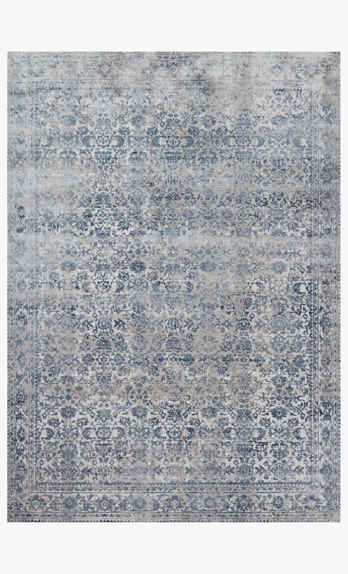 Transitional power-loomed rug, sky blue and stone, ornate distressed medallion pattern