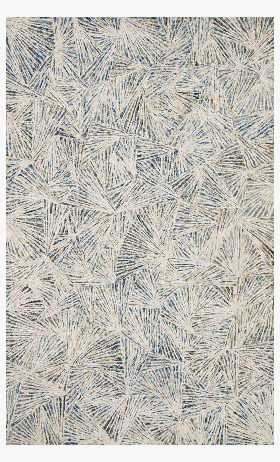 Hand-tufted contemporary rug with beige base and blue lagoon fan-like line pattern