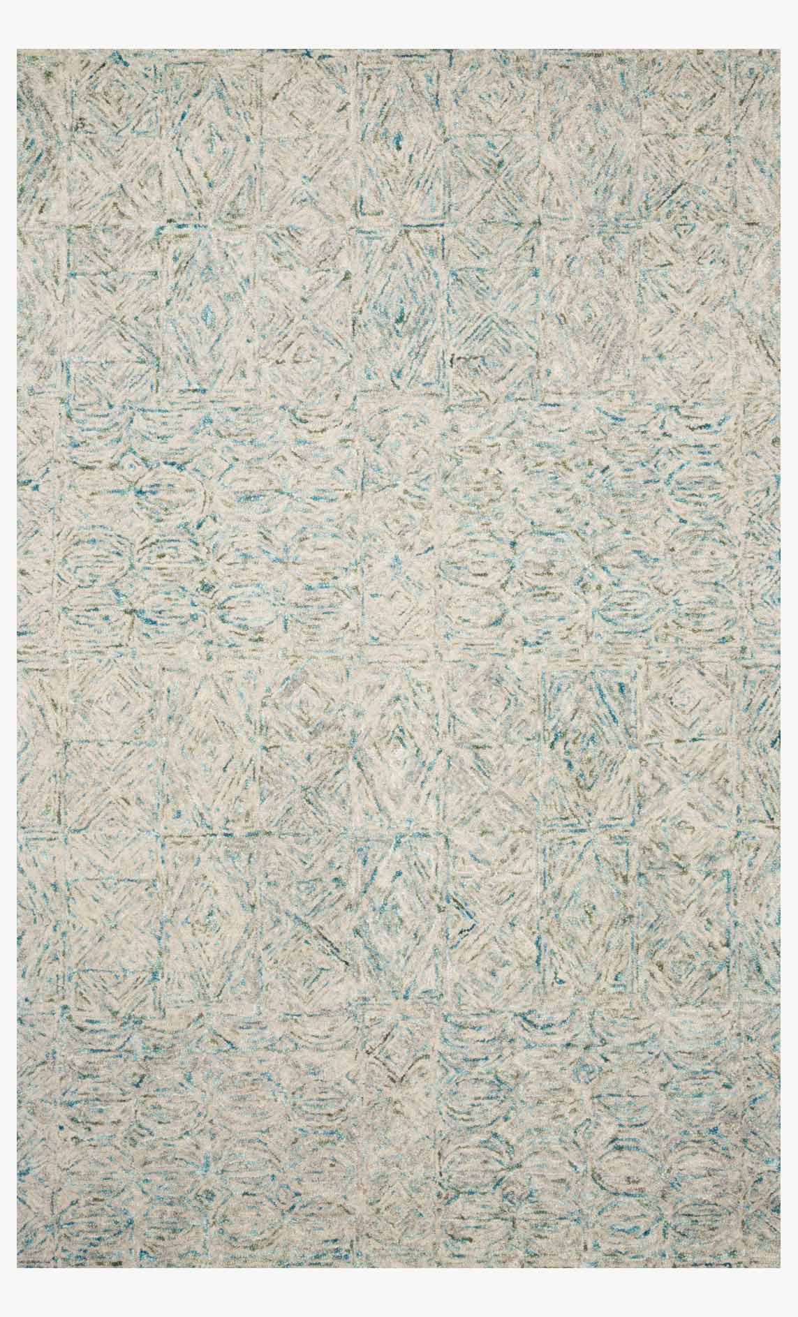 Aqua hand-tufted area rug with abstract distressed pattern on light base
