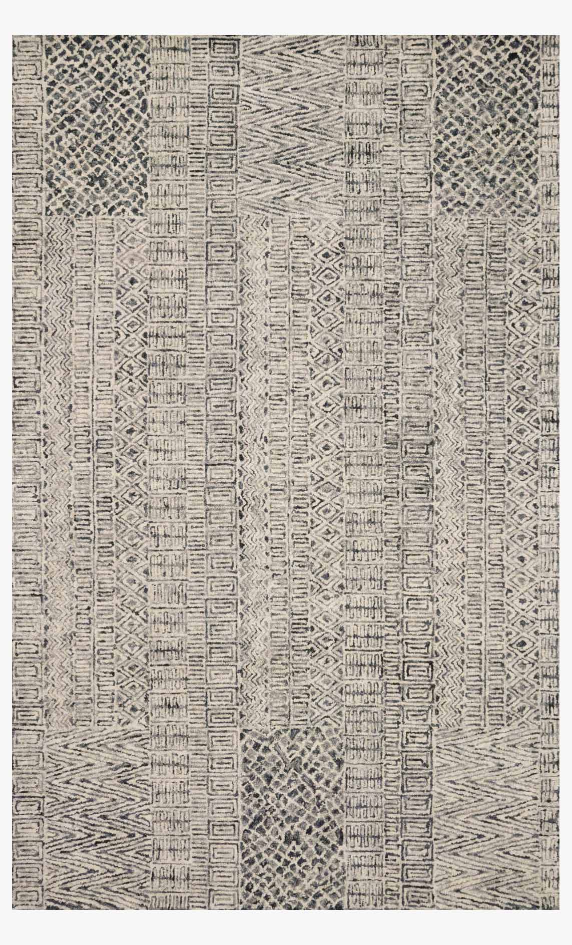 Charcoal hand-tufted rug with geometric blocks and border pattern