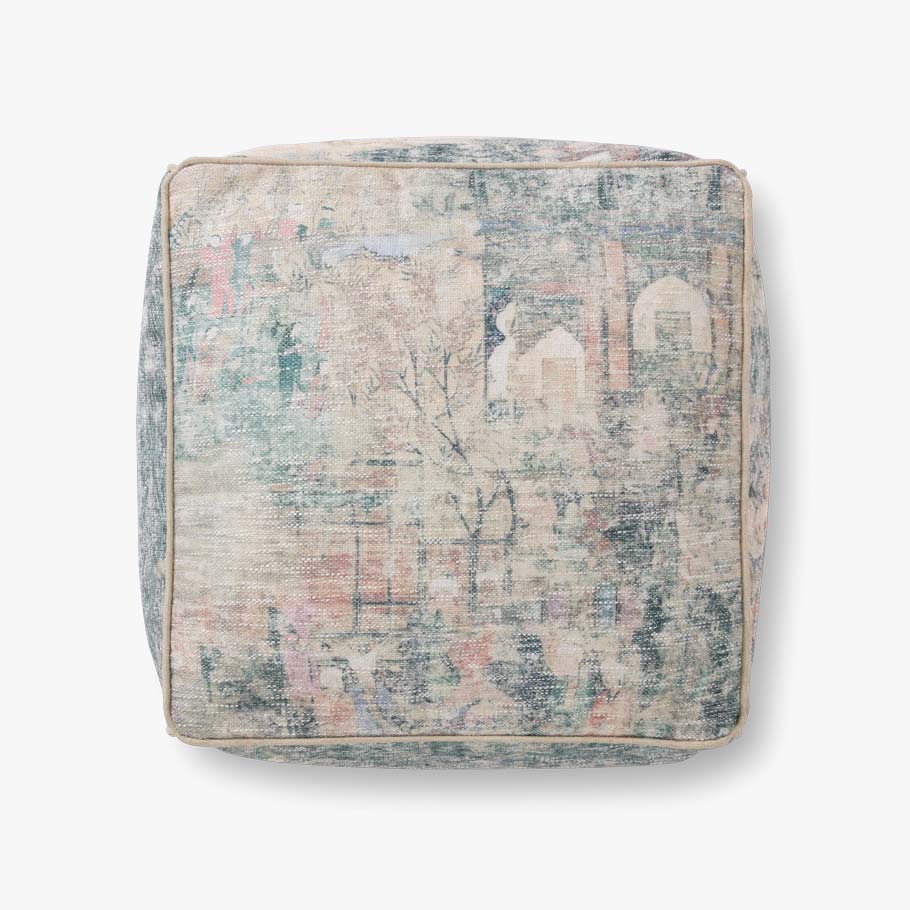 Upholstered cube pouf ottoman in blue and beige with abstract figures on top