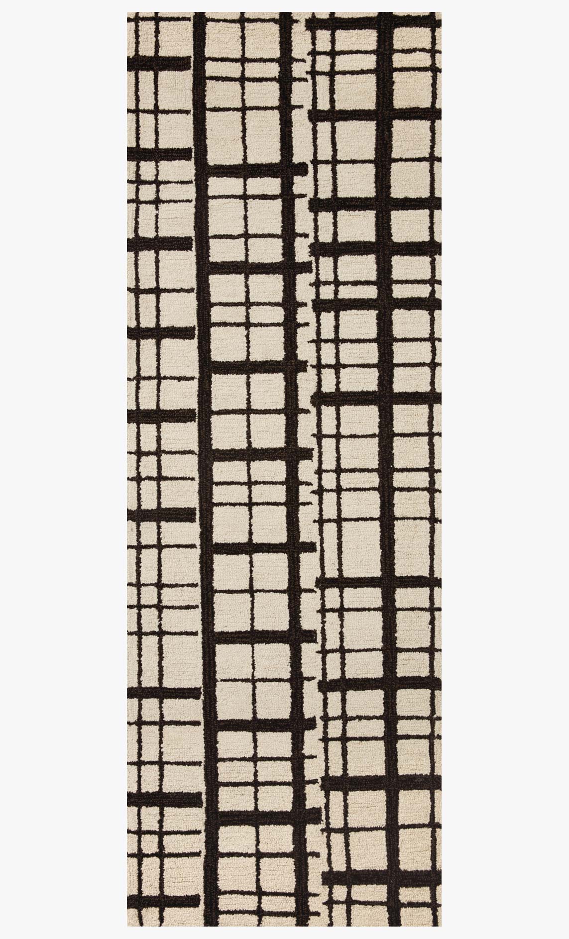 Narrow vertical view of a black and ivory grid hand-tufted rug with geometric lines.