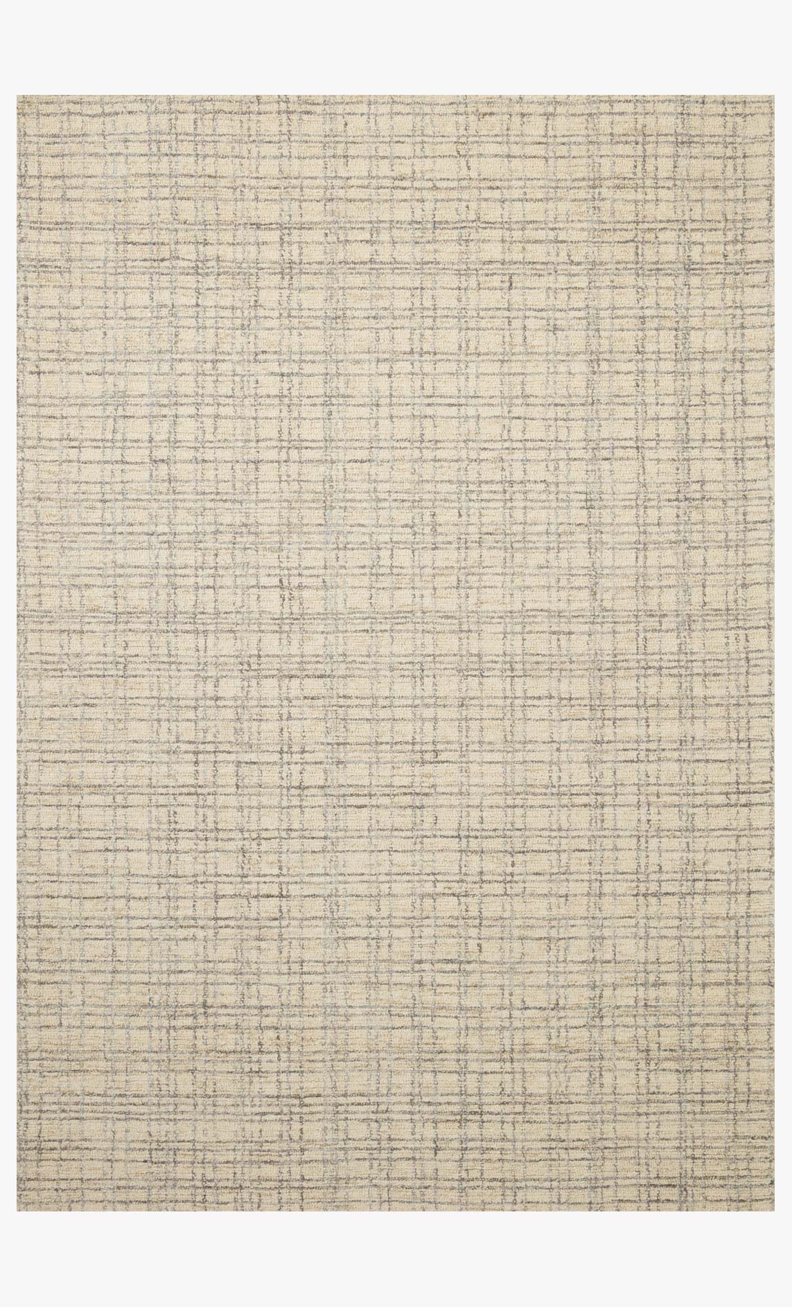 Hand-tufted area rug with antique-and-mist grid pattern, light beige with pale blue lines.