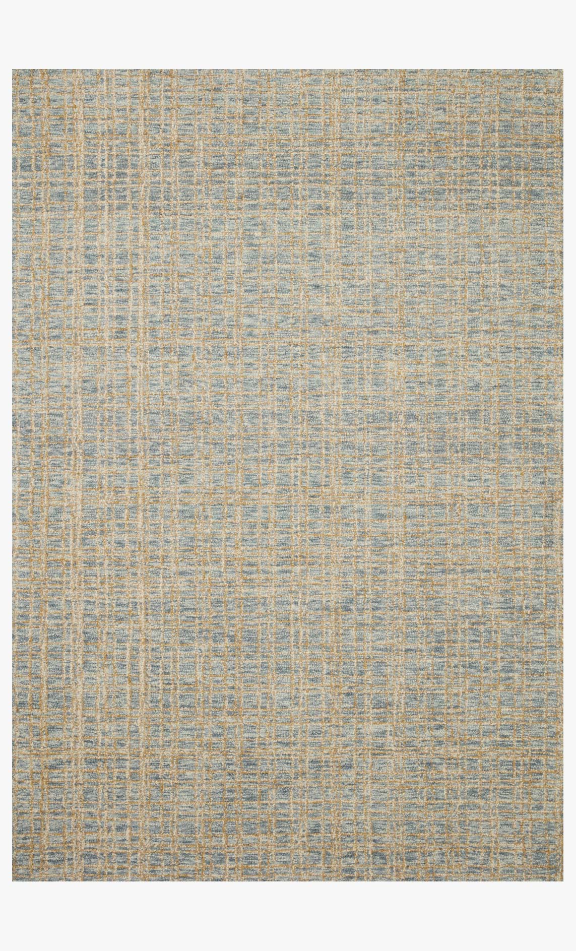 Blue and sand hand-tufted rug with subtle grid pattern across the full surface.