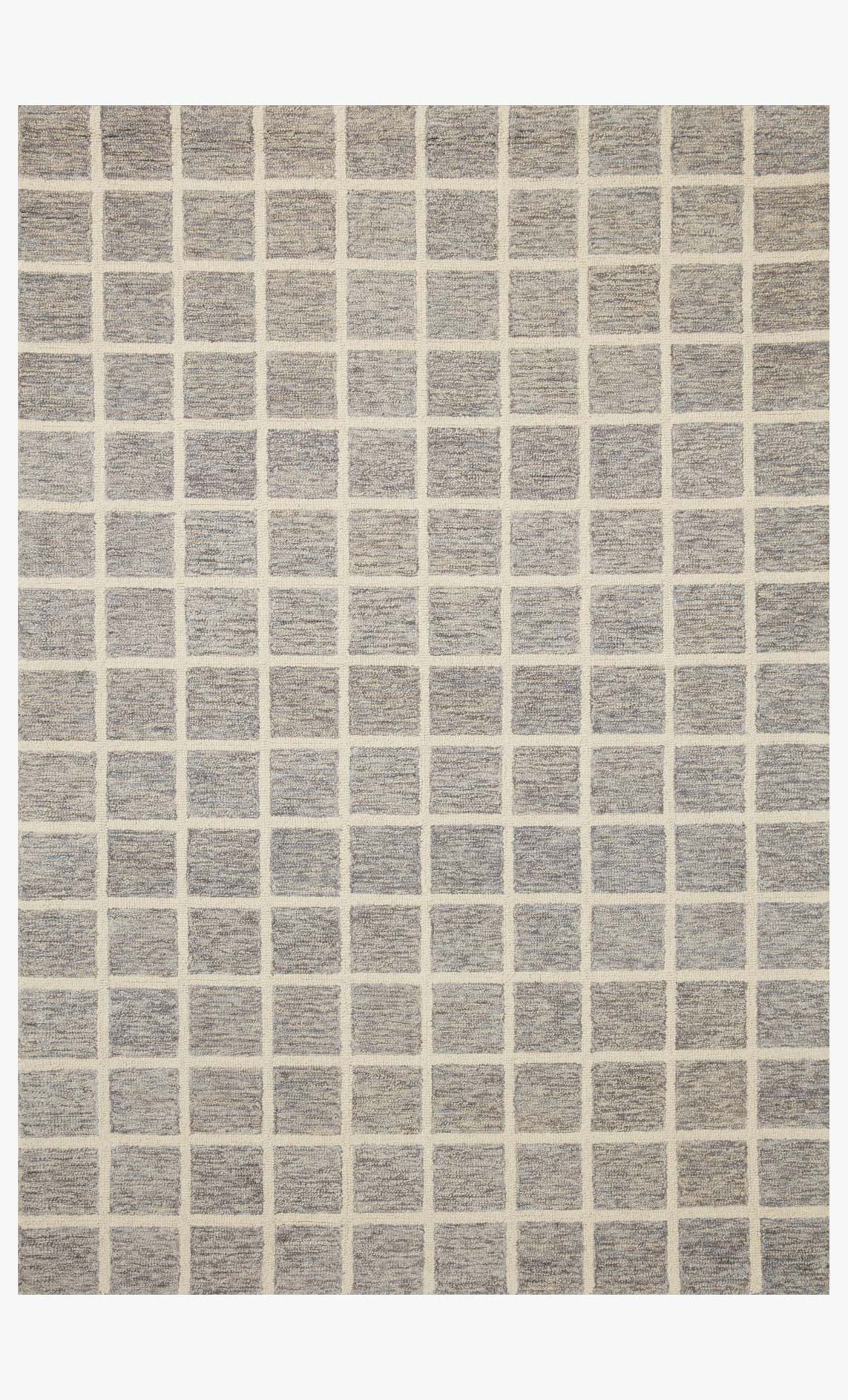Slate and ivory hand-tufted rug with repeating square grid pattern