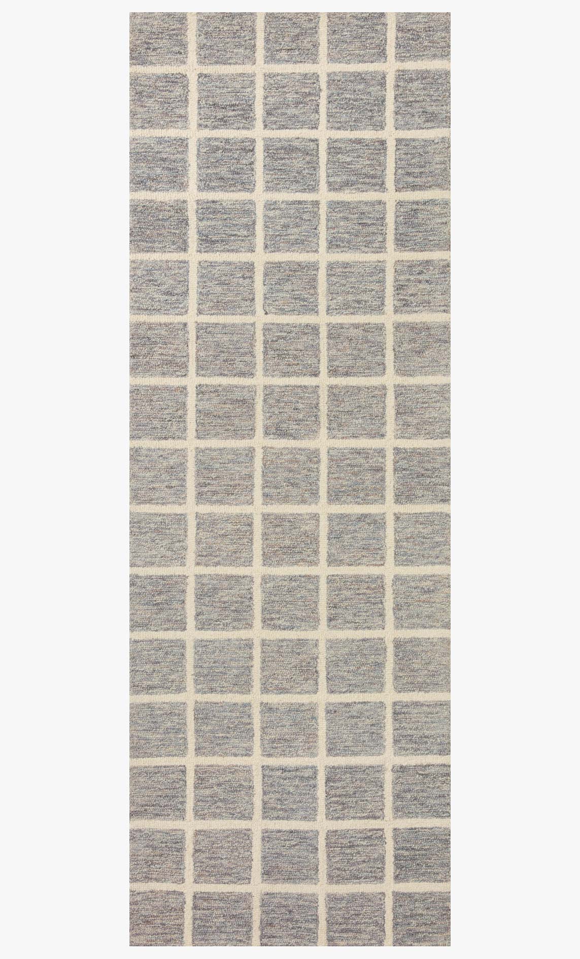 Vertical view of slate and ivory rug with evenly spaced square grid blocks