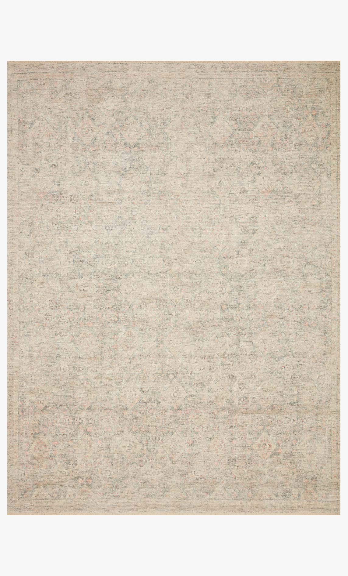Transitional hand-woven rug with ivory base and subtle blue-gray pattern, rectangular