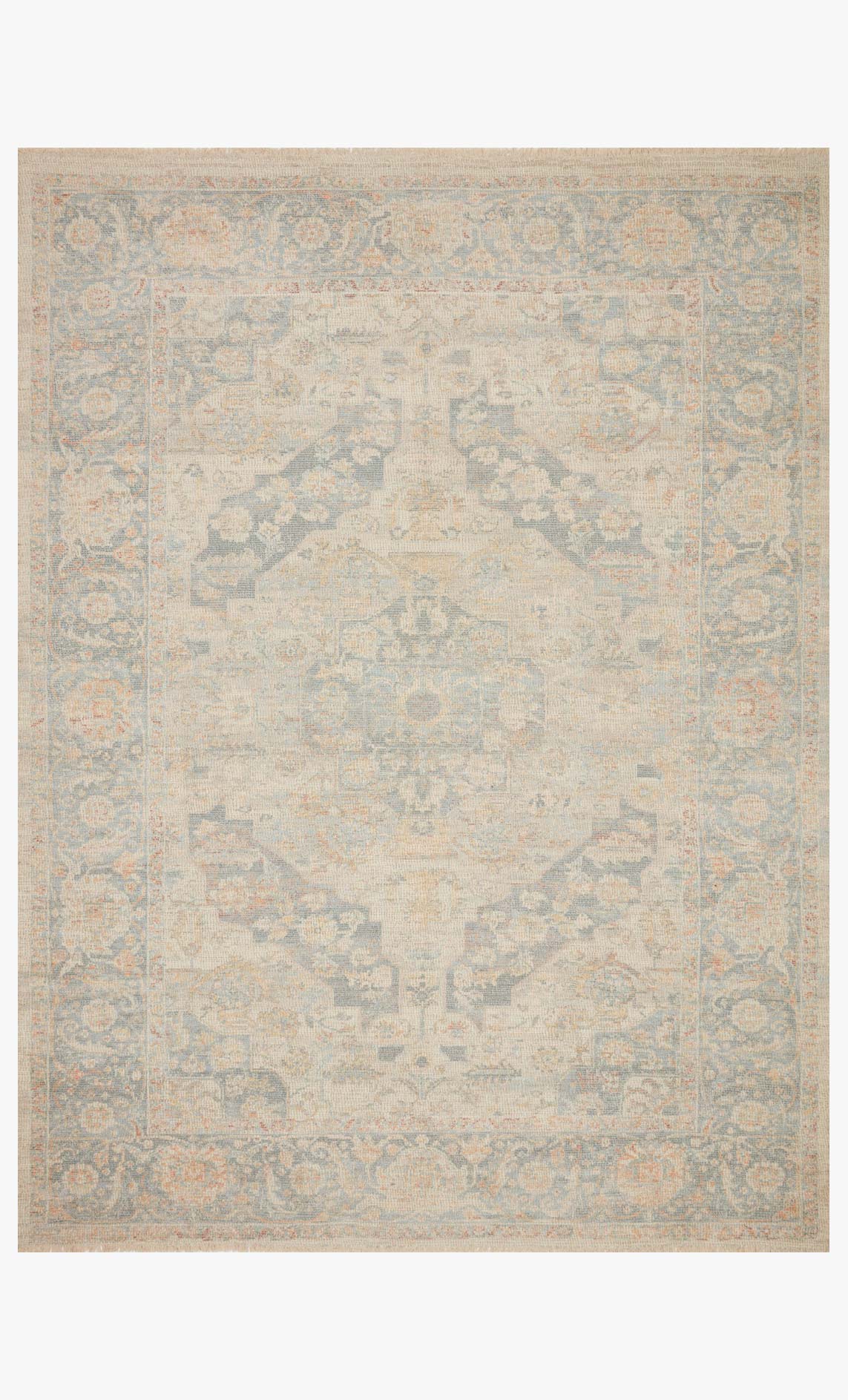Bone & bluestone hand-woven transitional rug with ornate border and medallion pattern