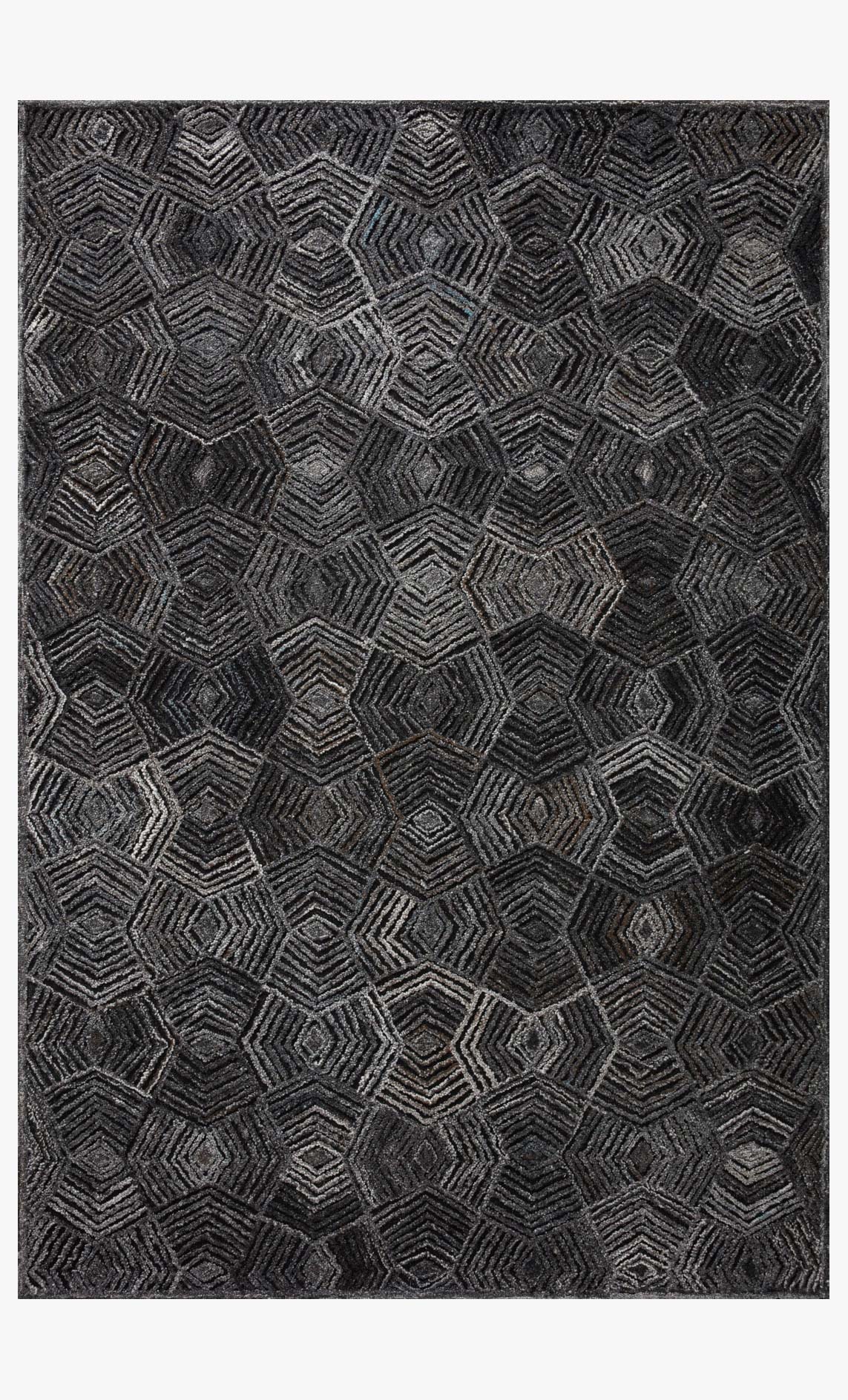 Charcoal hooked rug with repeating geometric diamond pattern, flat-woven look