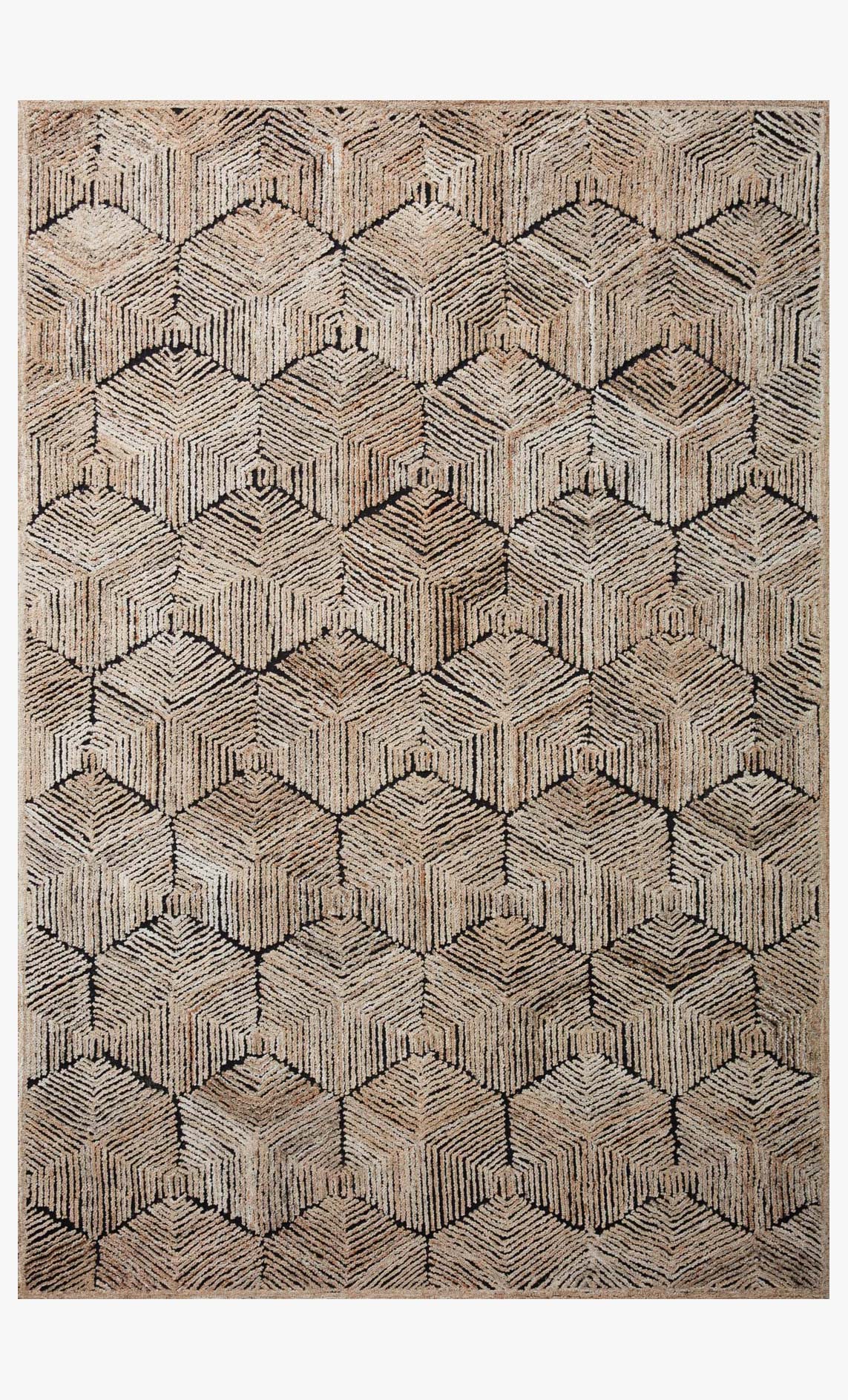Beige hooked rug with raised geometric cube pattern
