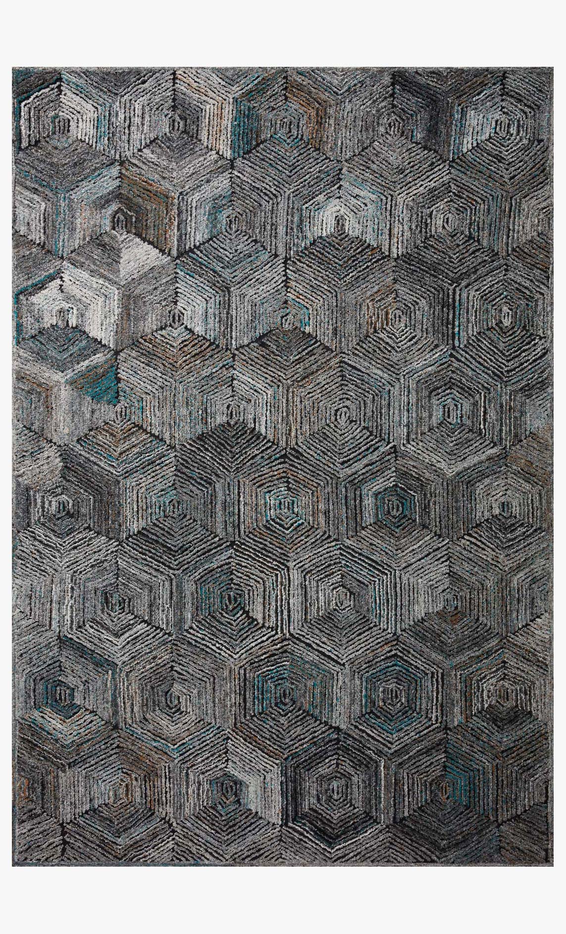 Contemporary hooked rug with geometric cubes in dark gray and blue, metal tone.