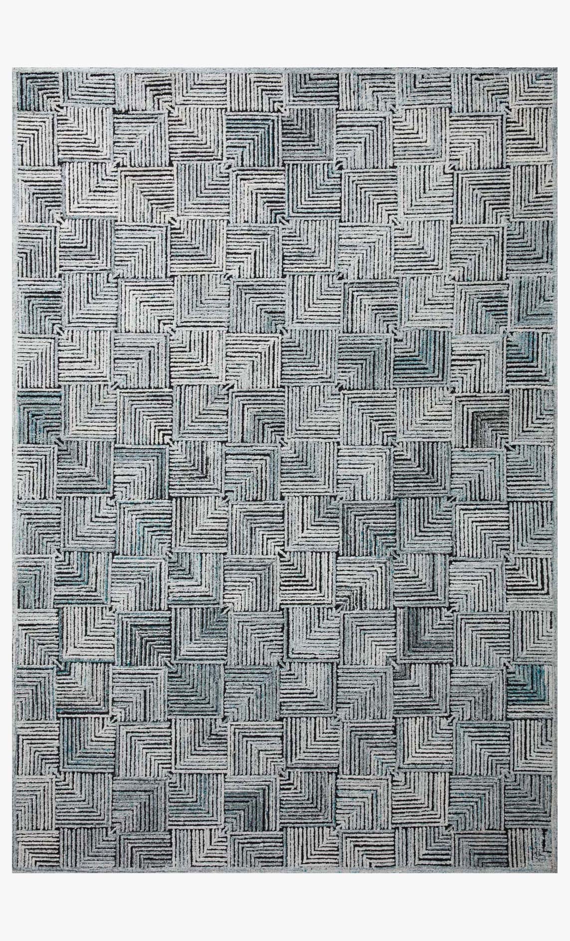 Loloi contemporary hooked rug with geometric maze pattern, arctic blue and ivory ground