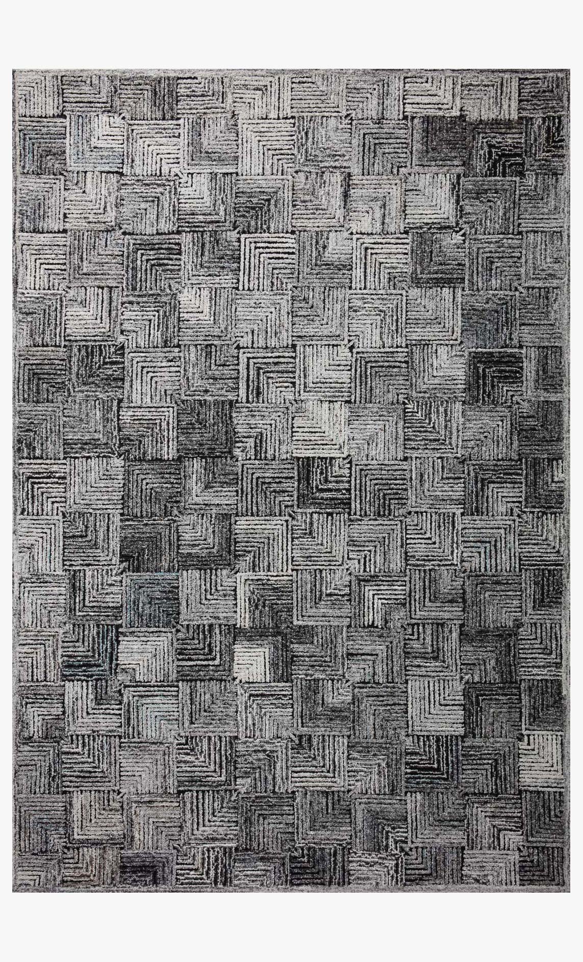 Silver hooked rug with dark geometric maze pattern, textured loop pile