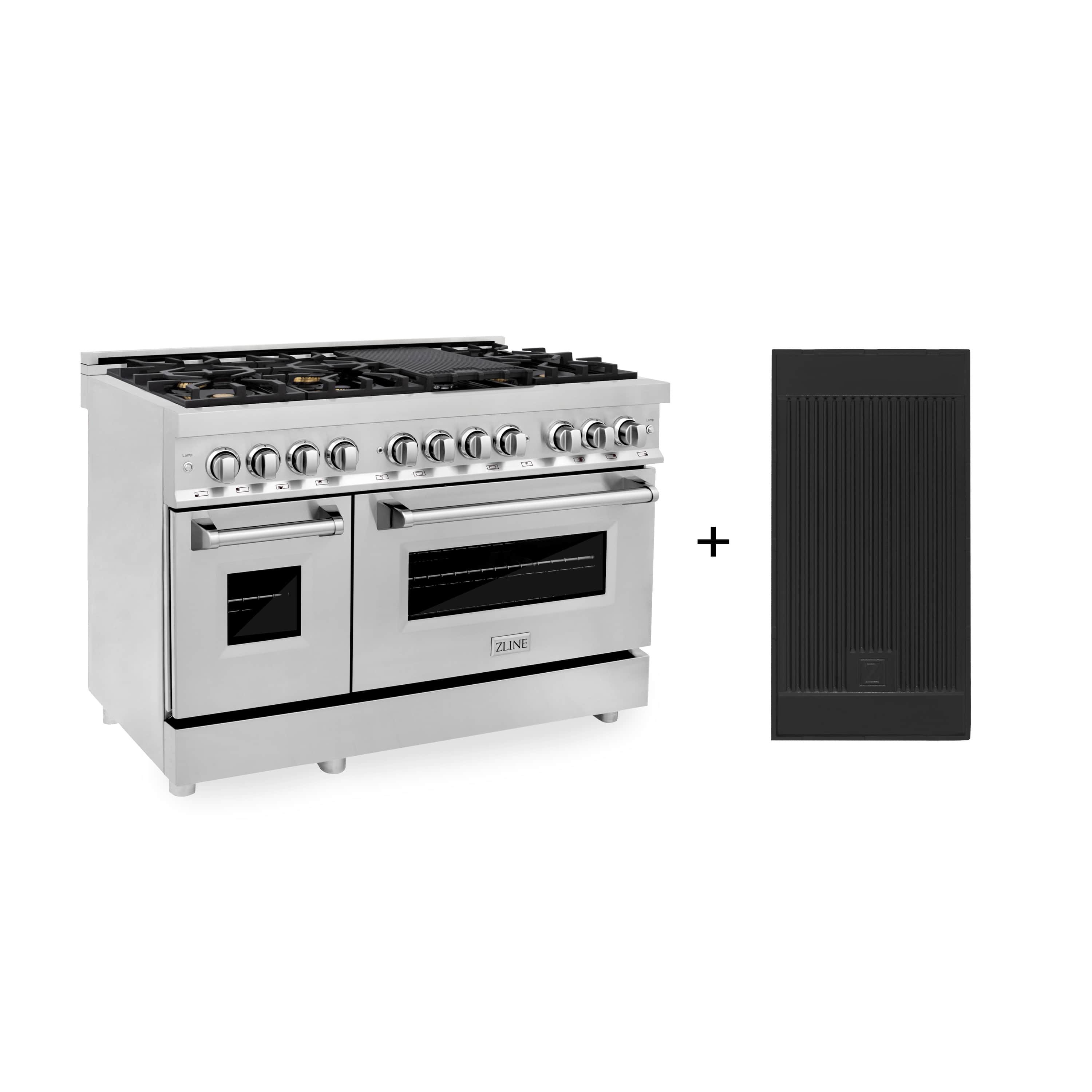 Stainless dual fuel range with black griddle accessory and front control knobs