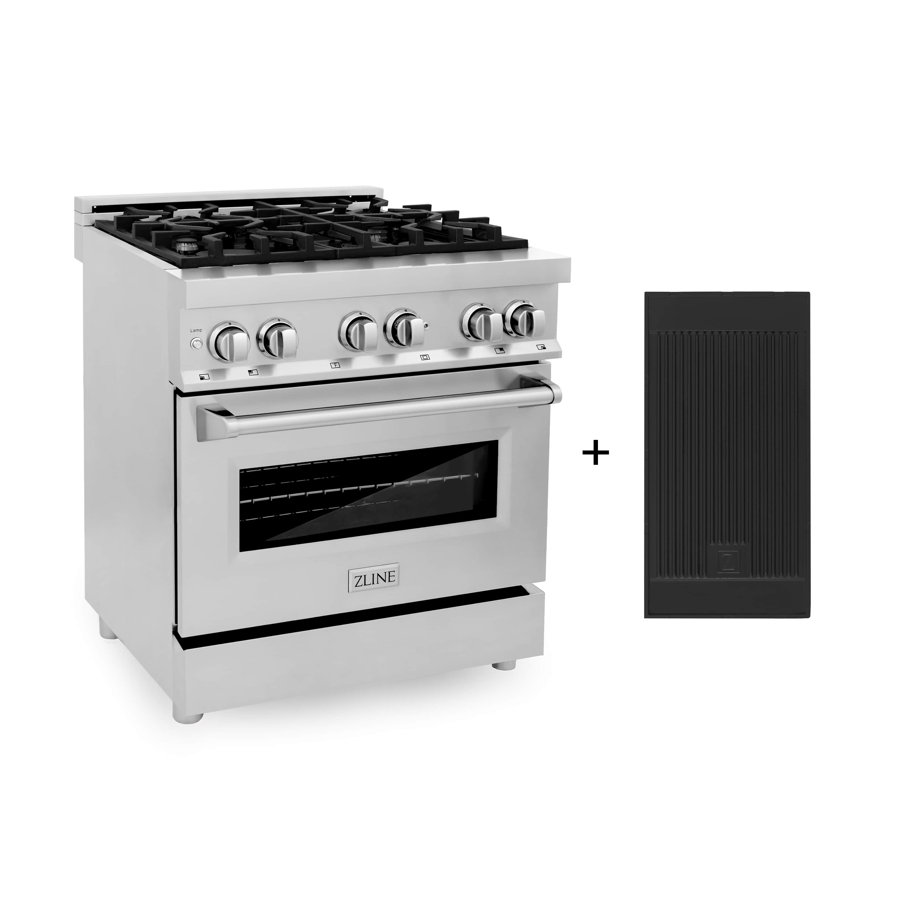 Stainless steel dual fuel range with black griddle and control knobs, plus accessory panel