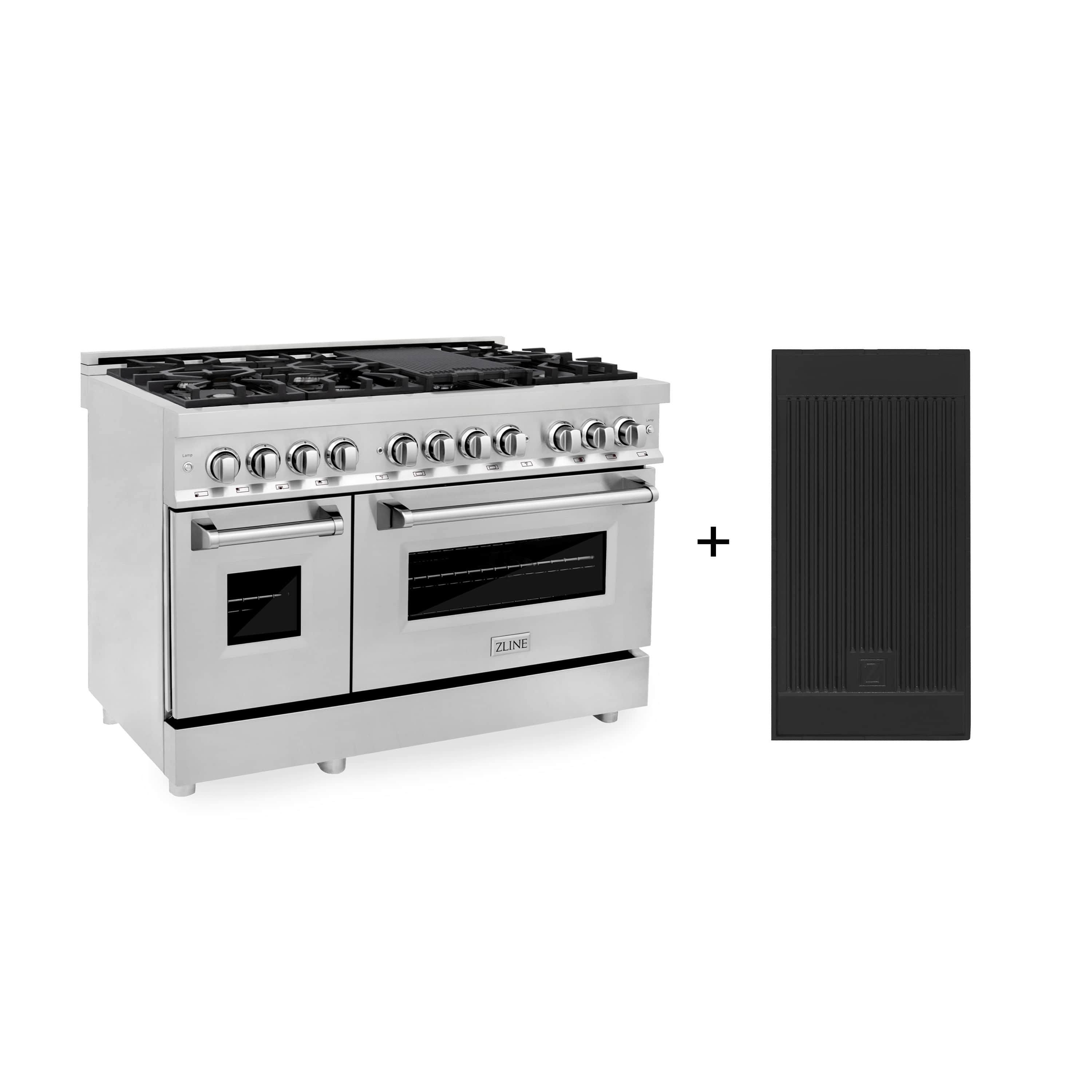Stainless steel dual fuel range with cooktop burners and griddle, plus matching accessory panel