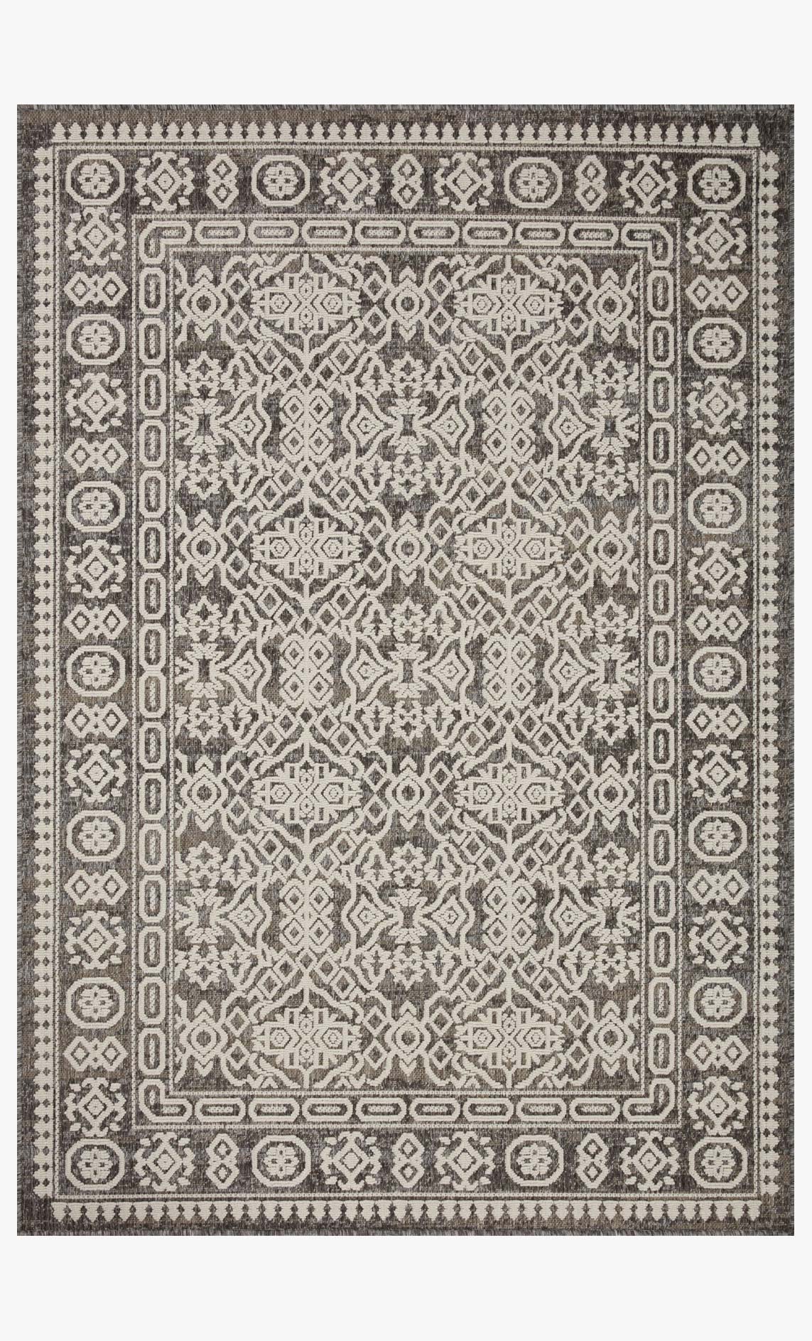 Pebble and ivory geometric medallion area rug with patterned border and flatweave texture