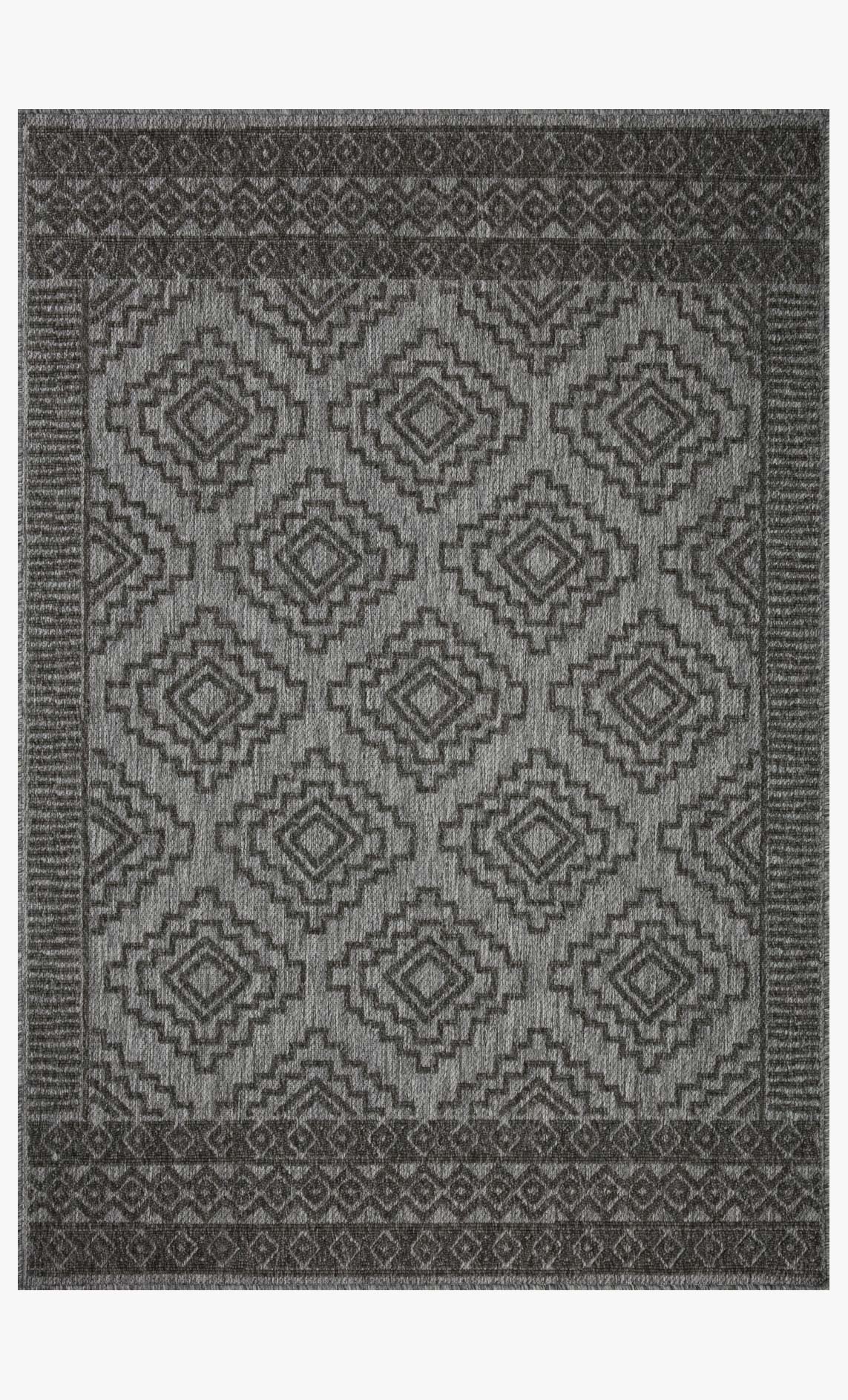 Grey and charcoal power-loomed rug with geometric diamond pattern and bordered edges.