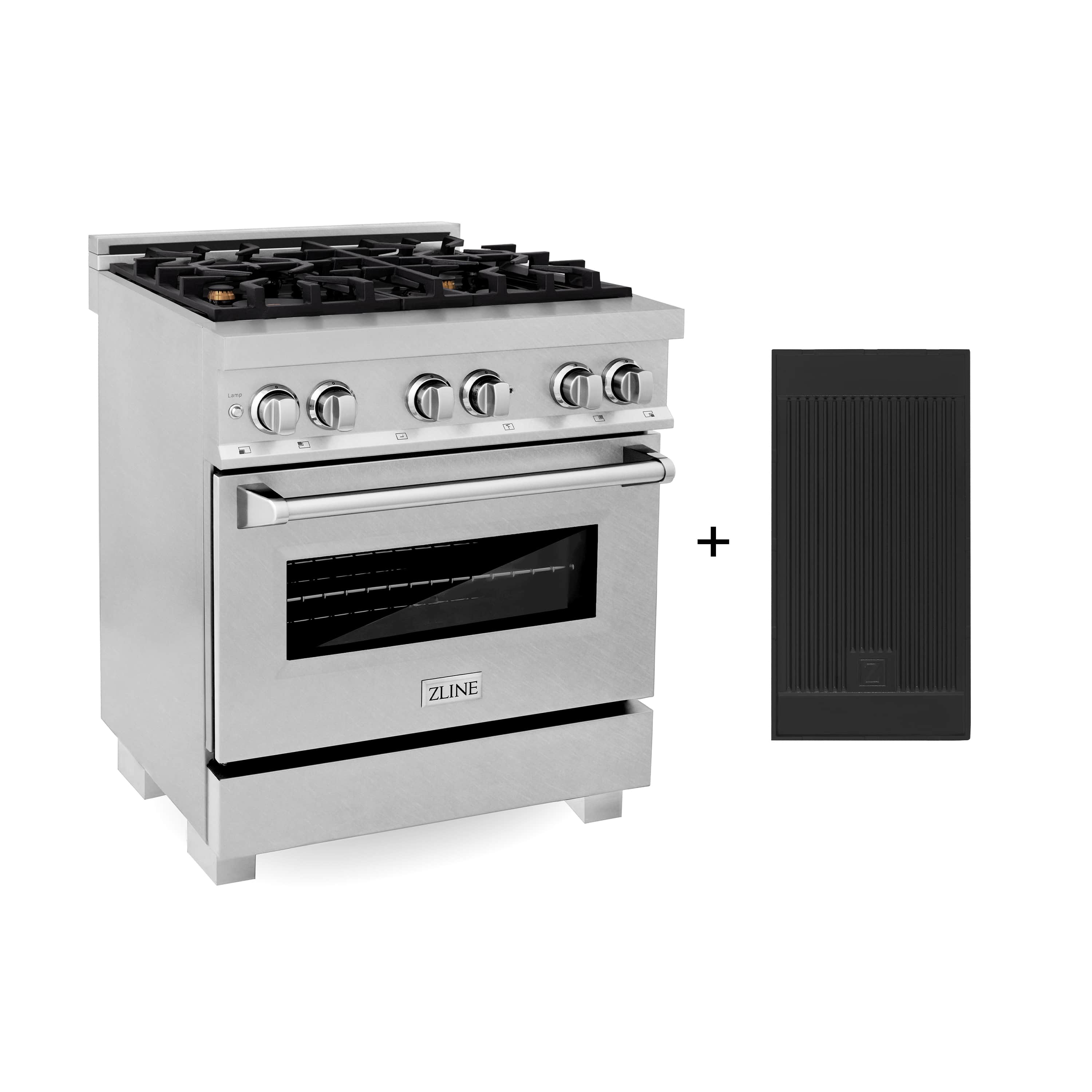 Stainless dual fuel range with gas burner cooktop and electric oven, front control panel