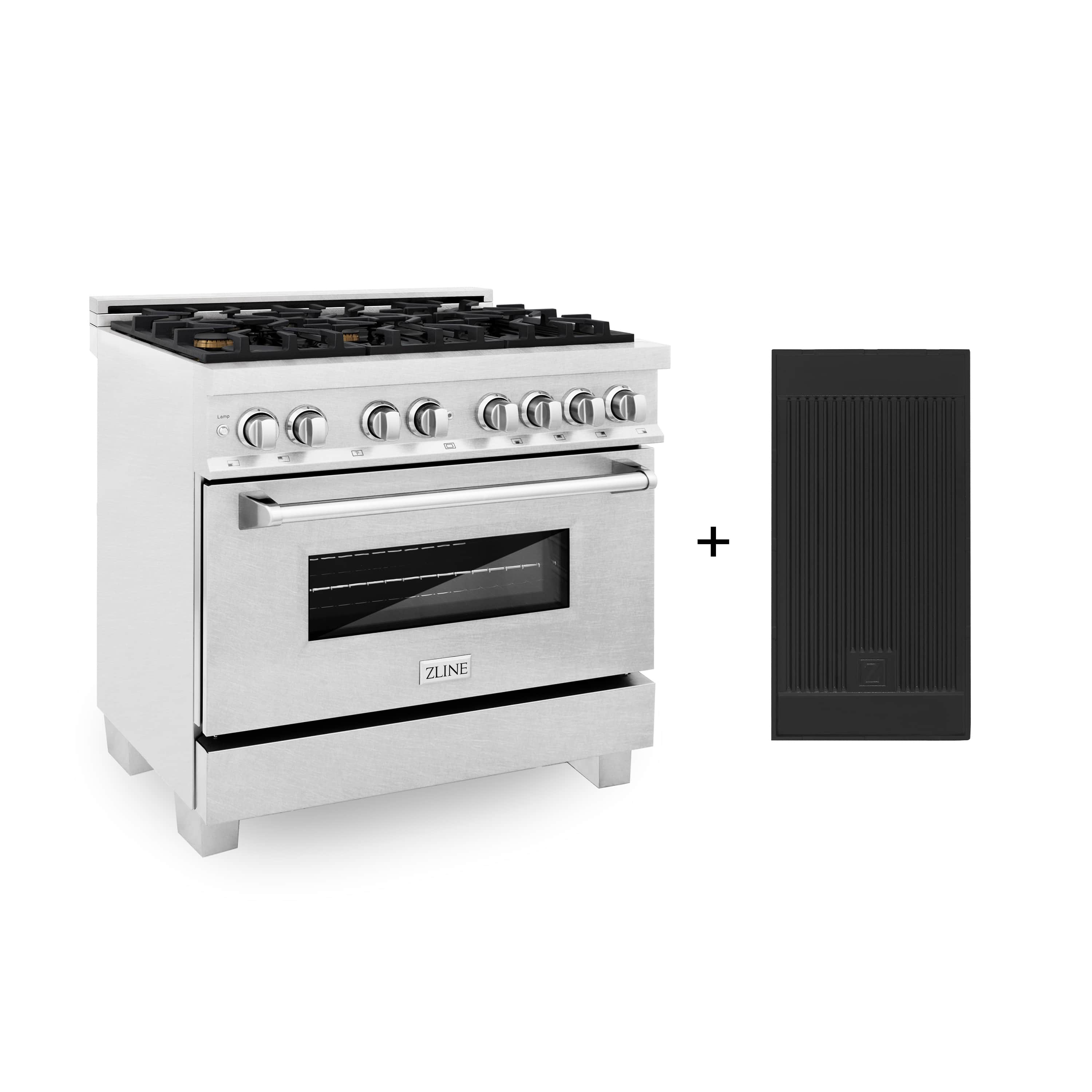 Stainless steel dual fuel range with gas burners, oven window, and included black griddle