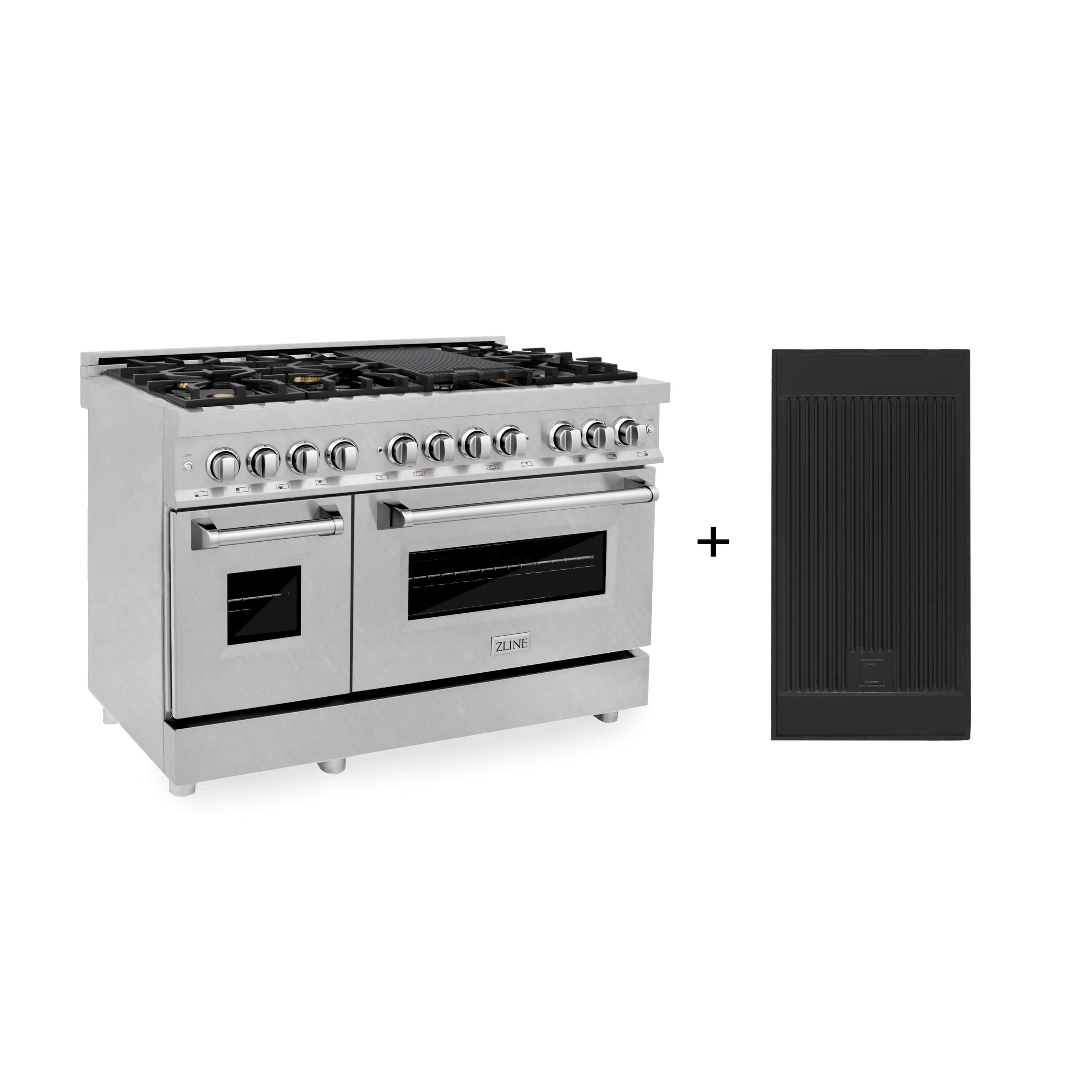Dual fuel range with gas cooktop, brass burners, and fingerprint-resistant satin stainless finish