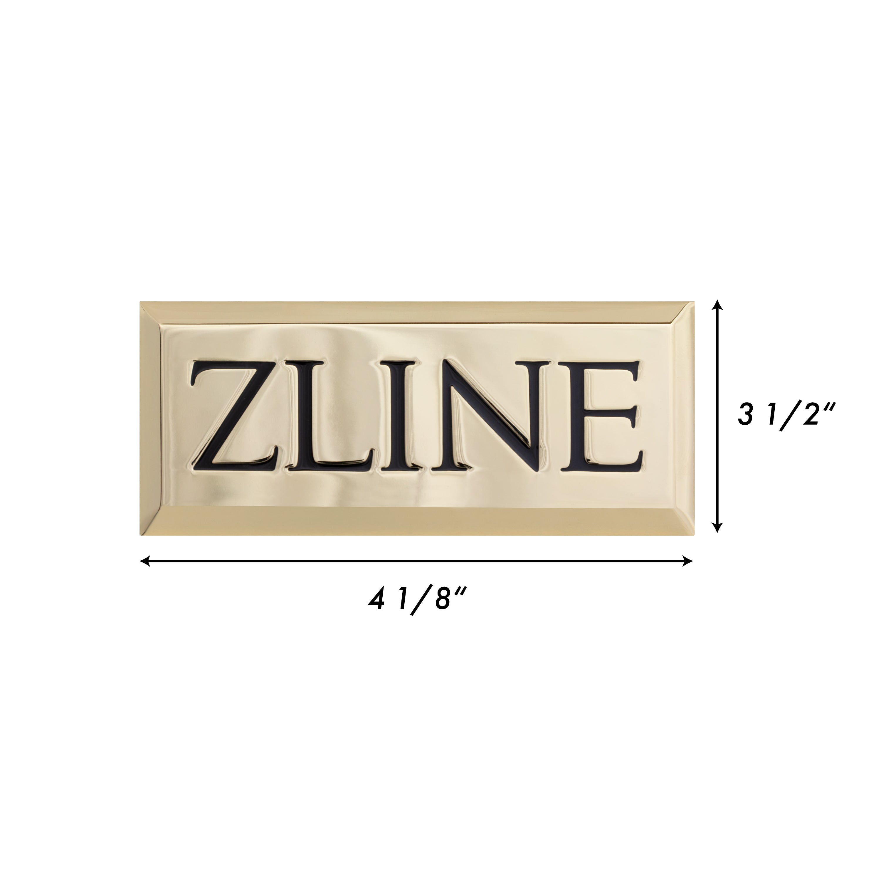 Gold ZLINE badge sample, 4 1/8 in wide and 3 1/2 in tall, black lettering