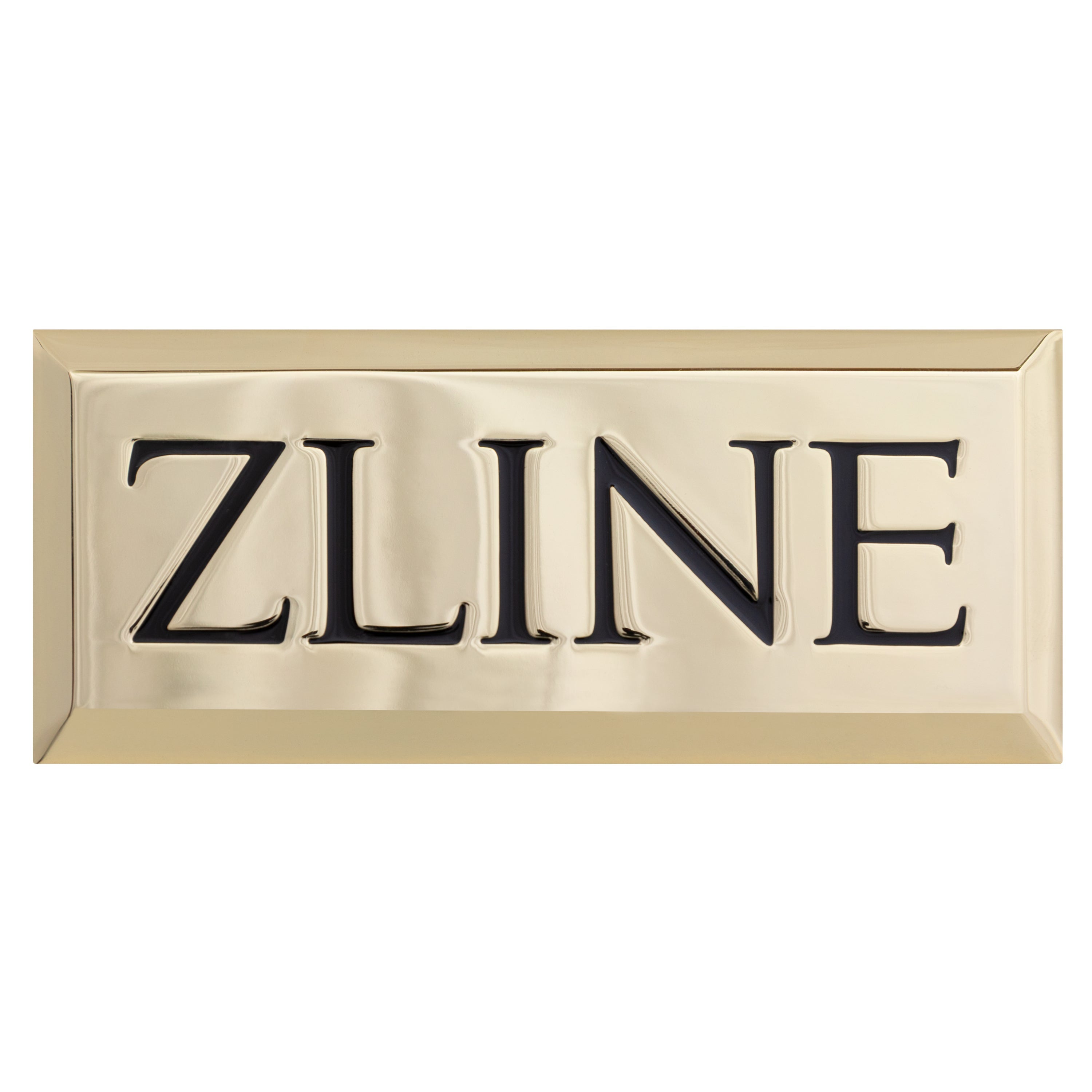 Gold ZLINE badge sample with raised black lettering on rectangular plate