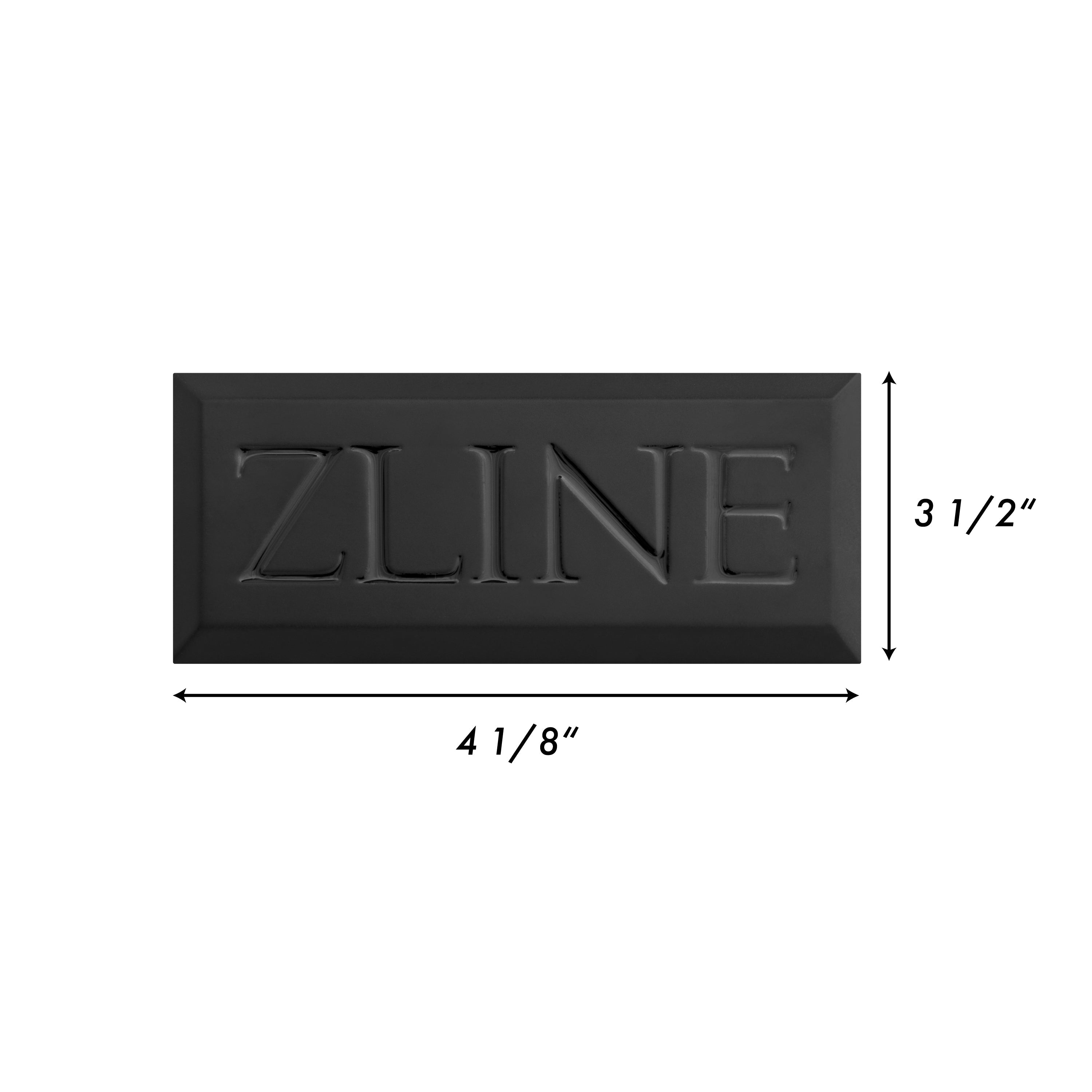 Matte black badge sample, 4 1/8 in wide, 3 1/2 in tall, raised ZLINE letters