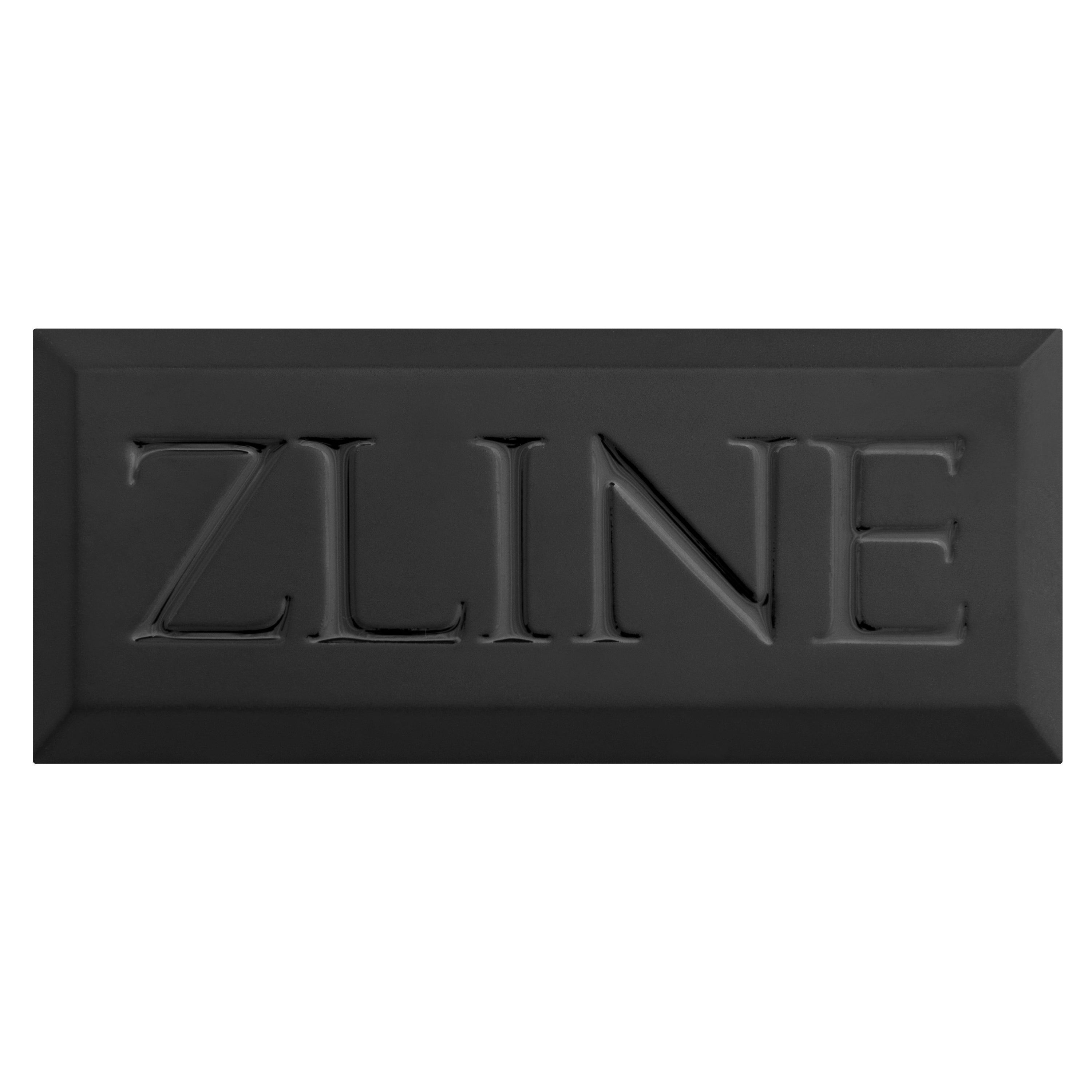 Rectangular matte black badge sample with raised ZLINE lettering