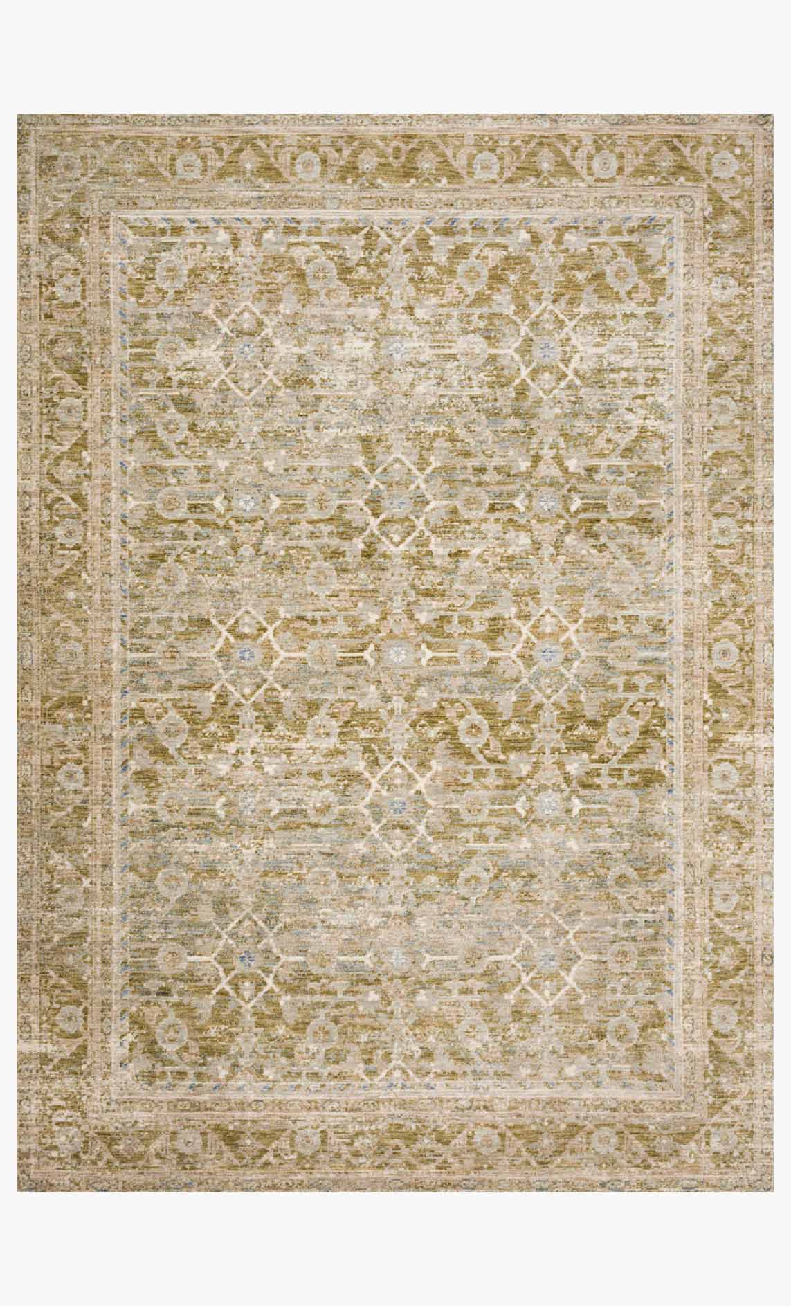 Traditional power-loomed rug with ornate border in light beige, olive, and muted blue.