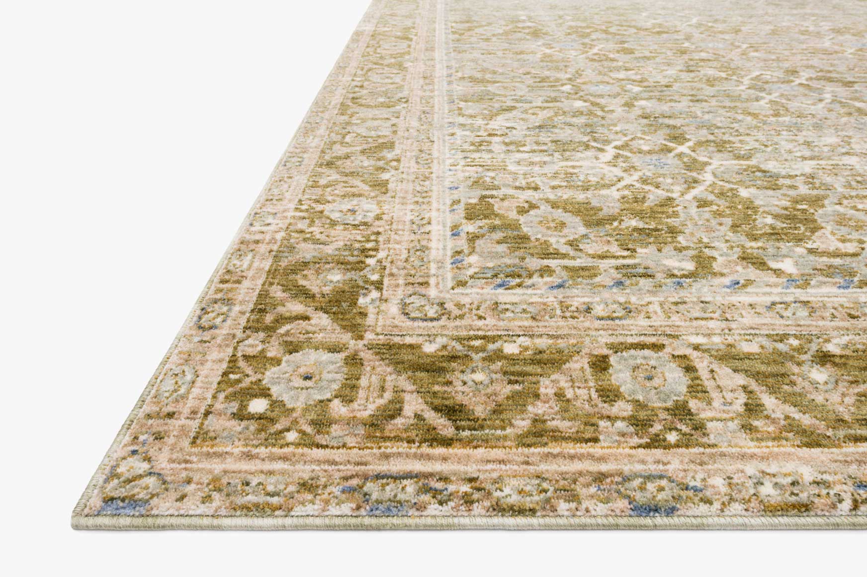 Traditional power-loomed area rug, corner view, ornate pattern in light beige and olive.